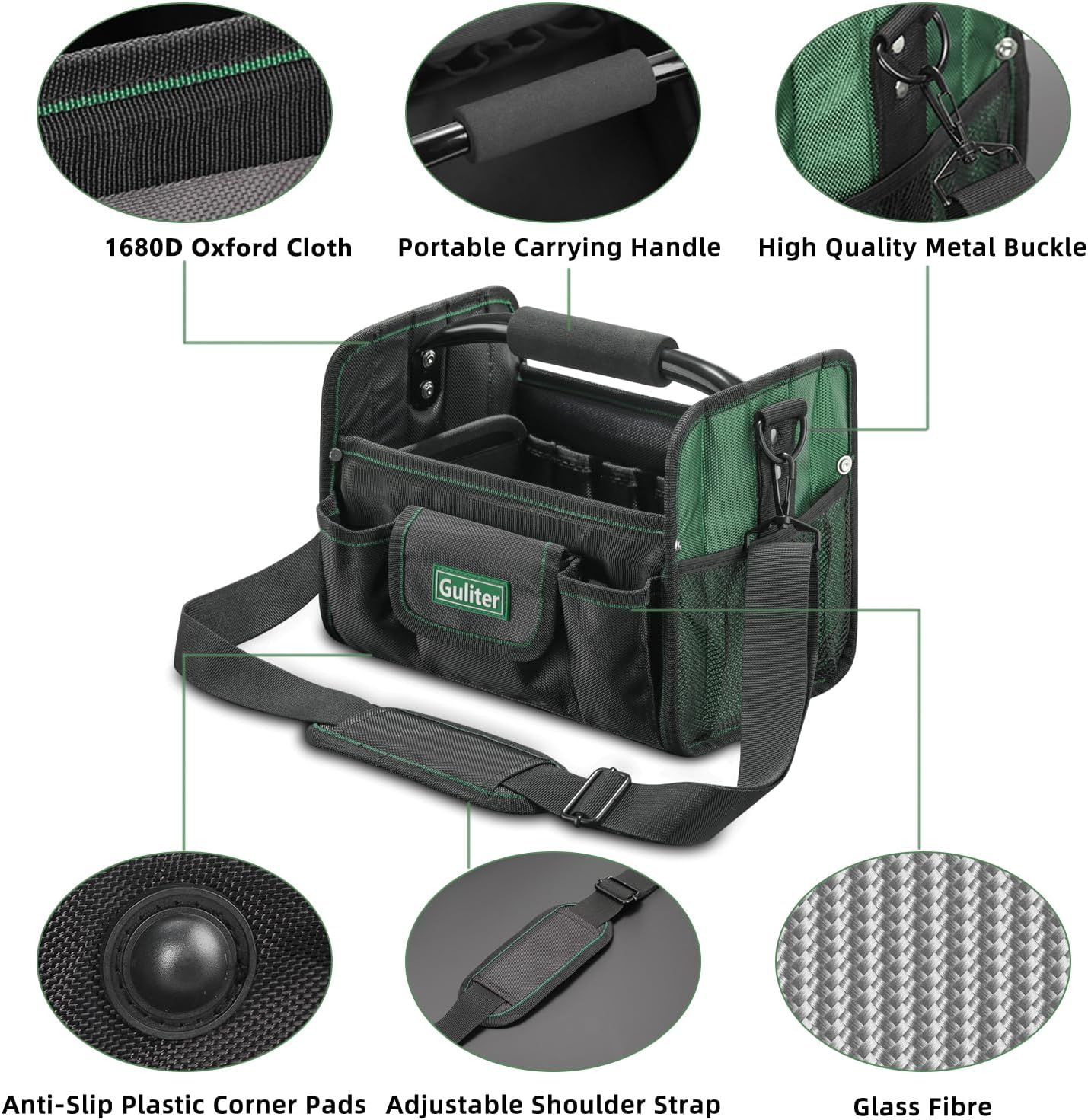 11 Inch Small Tool Bag, Open Top Tool Tote with Stainless Steel Handle and Adjustable Shoulder Strap,21 Pockets Electrician Tool Bags,Black/Green