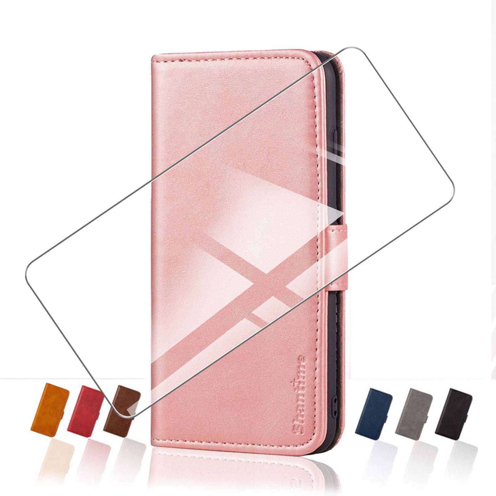 Wallet Case for Blackview A50 (6.09")+ Tempered Glass Screen Protector, [Bracket and Credit Card Holder] Flip Leather Cover with Magnetic Button, for Blackview A50 Case - Pink