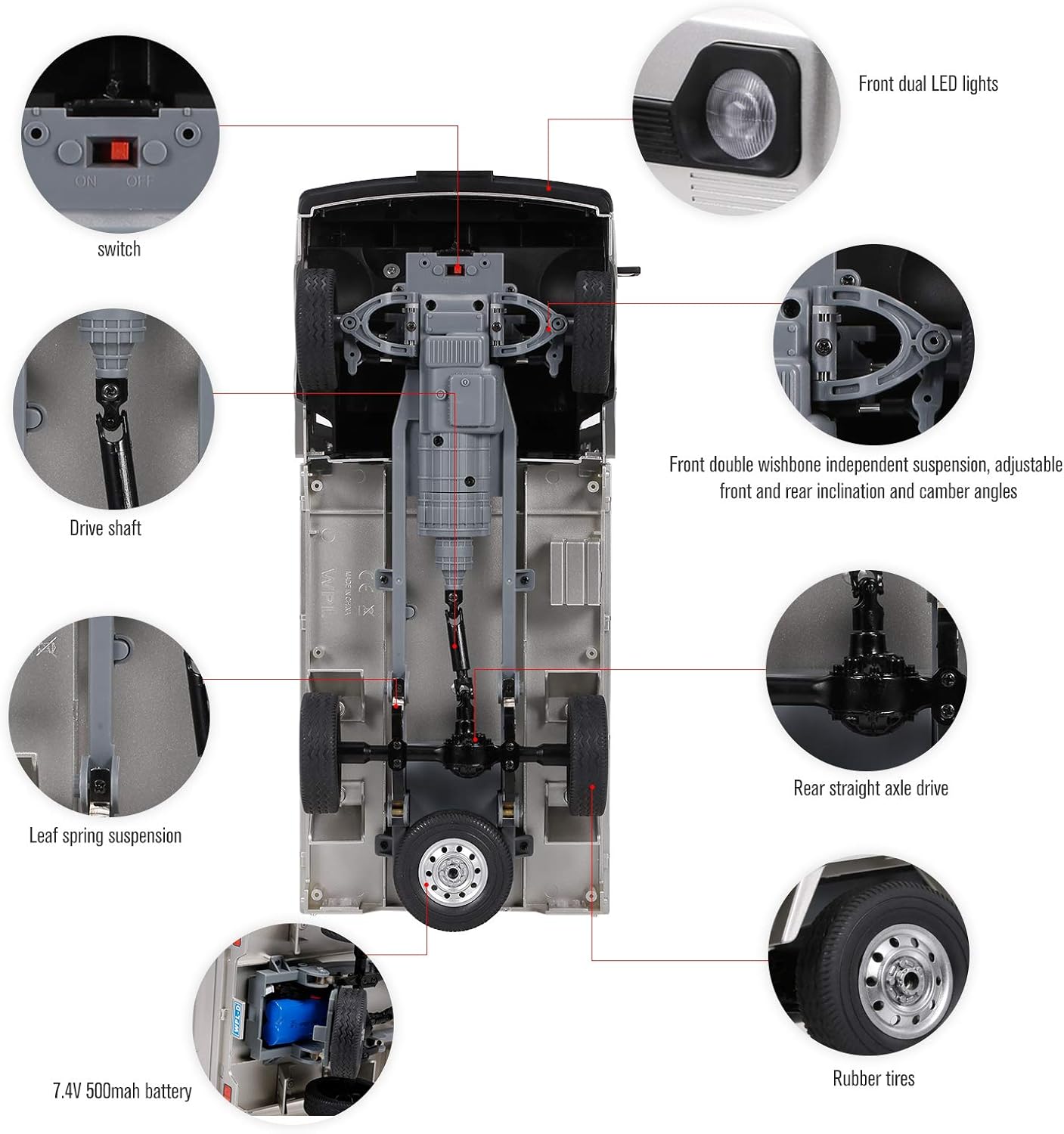 GoolRC WPL D12 RC Car, 1/10 Scale 2.4Ghz Remote Control Car, Simulation Drift Truck with Brushed Motor, LED Headlights, Middle Engine Rear Drive RTR Toys Cars for Adults, Included 3 Batteries