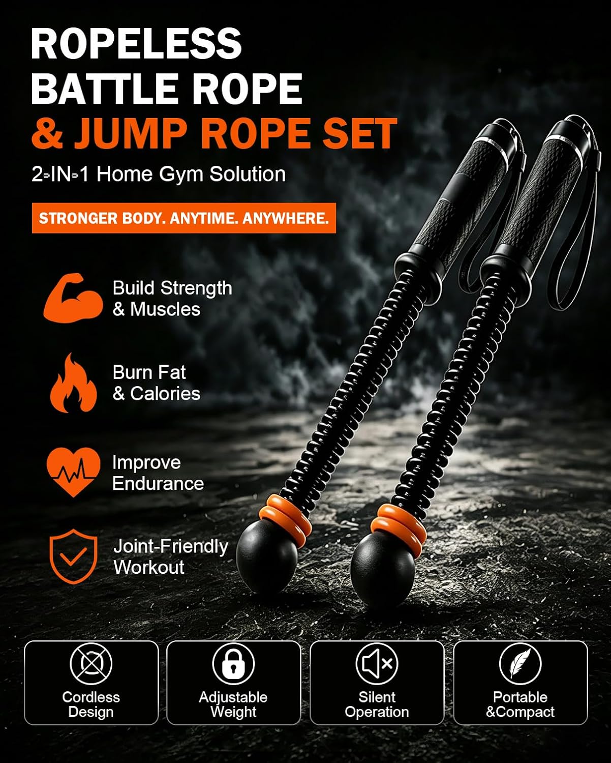Battle Ropes for Home Gym, 2 in 1 Cordless Battle Ropes and Jump Rope with Counter, Adjustable Weight, Quiet Portable Workout Equipment for Men Women, 44cm Steel Spring Exercise Rope Set