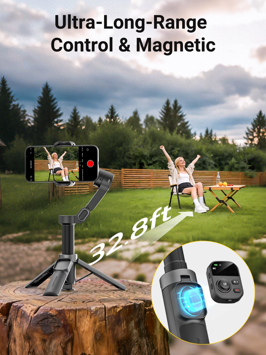 AOCHUAN Estabilizador de cardán de rotación panorámica de 360° para iPhone, control remoto magnético, estabilizador de 3 ejes con barra de extensión integrada y trípode abierto de un solo toque