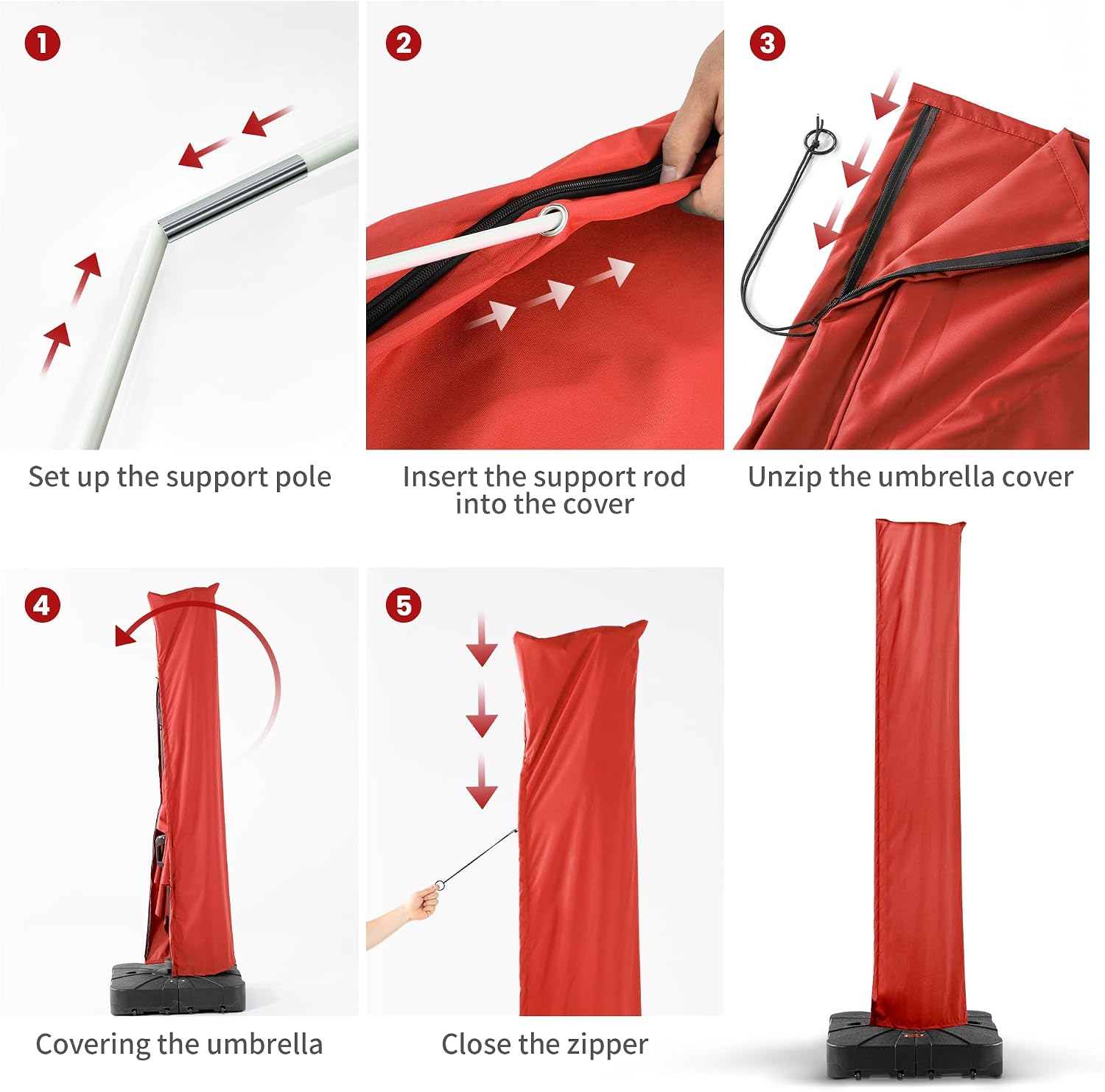 JZAC & QZYD Patio Umbrella Cover Outdoor Waterproof Replacement Covers with Zipper and Rod Fit 9 FT to 13 FT Cantilever Umbrella, Red