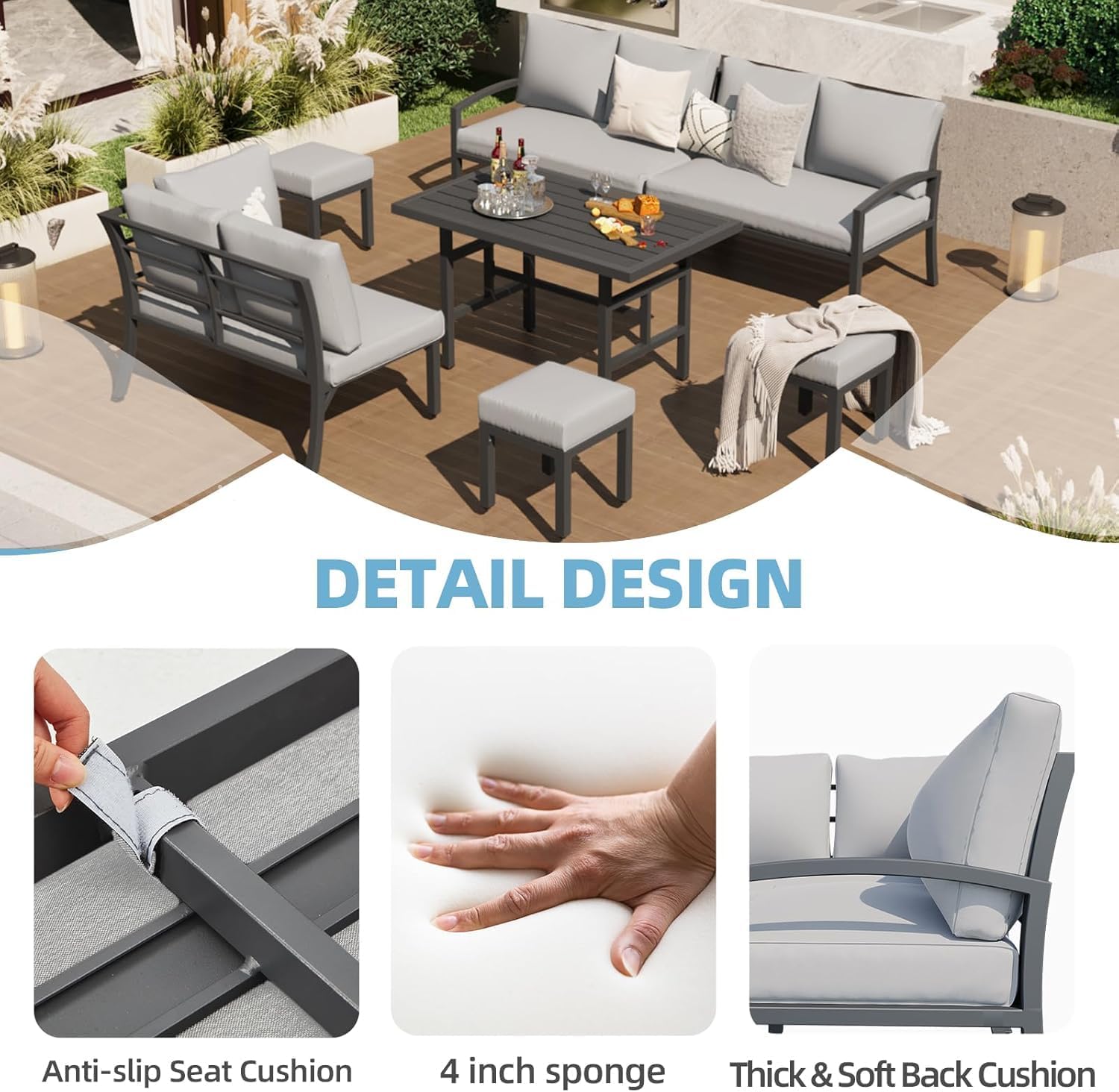 Close-up images showing anti-slip seat cushion, 4-inch sponge, and thick back cushion