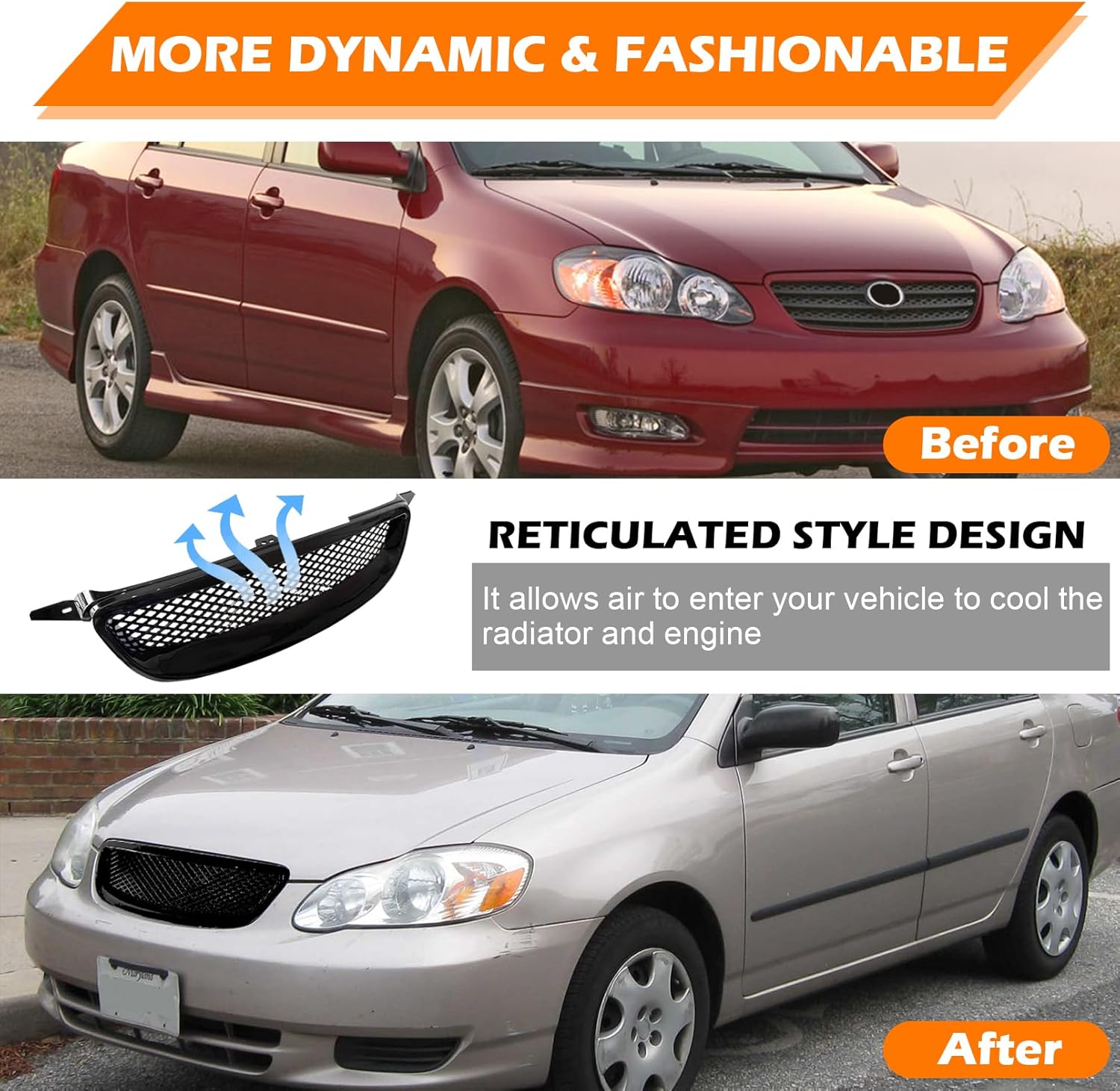 Glossy Black Front Grille Compatible with 2003-2008 Toyota Corolla CE LE XRS 4-Door Hood Mesh Grille, Upgraded Version ABS Plastic Front Bumper Grill, Direct Replacement