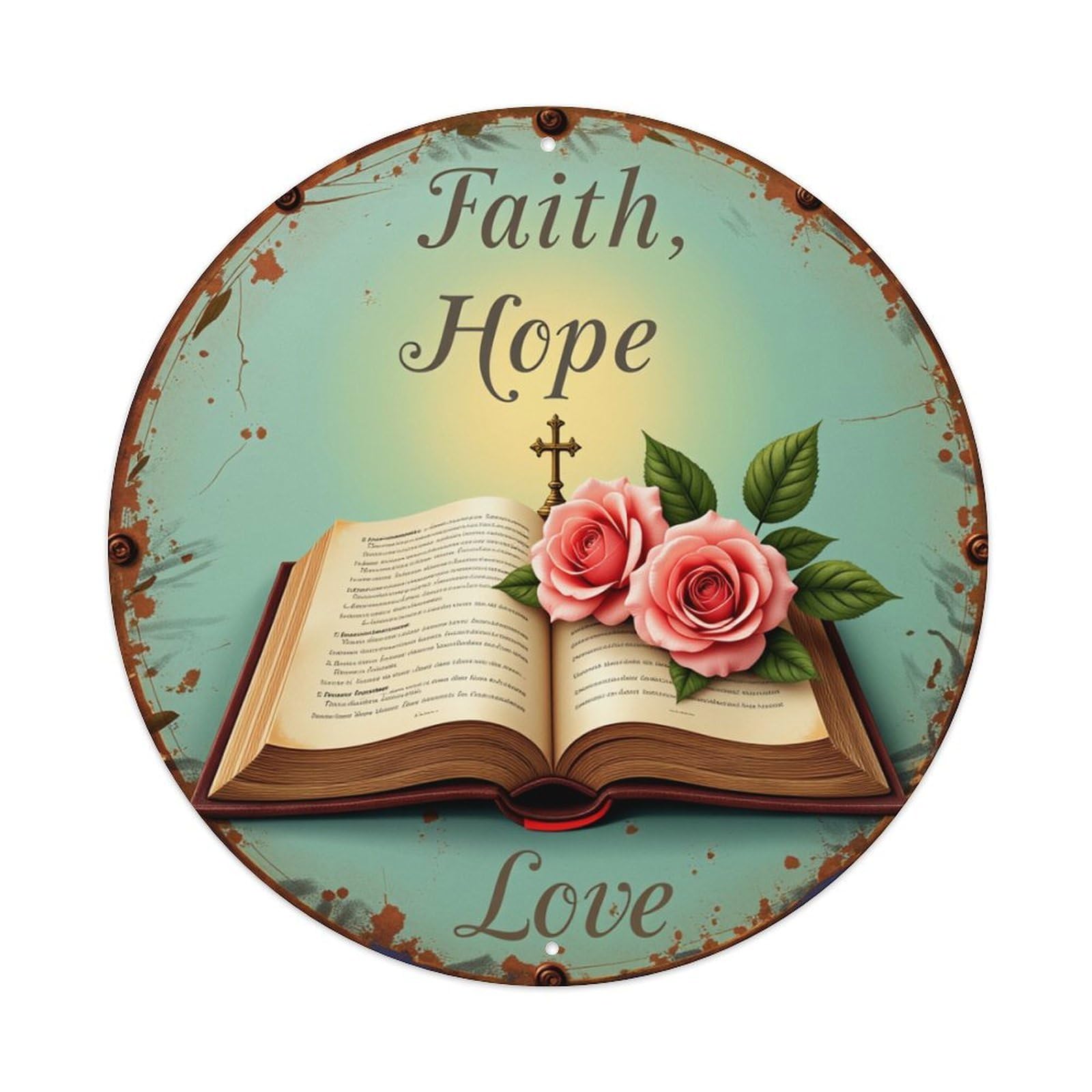 Faith Hope Love Book Roses Round Tin Sign Retro Metal Sign for Cafe Bar Pub Home Game Room Gym Club Wall Decoration Vintage Metal Poster 8x8 Inch