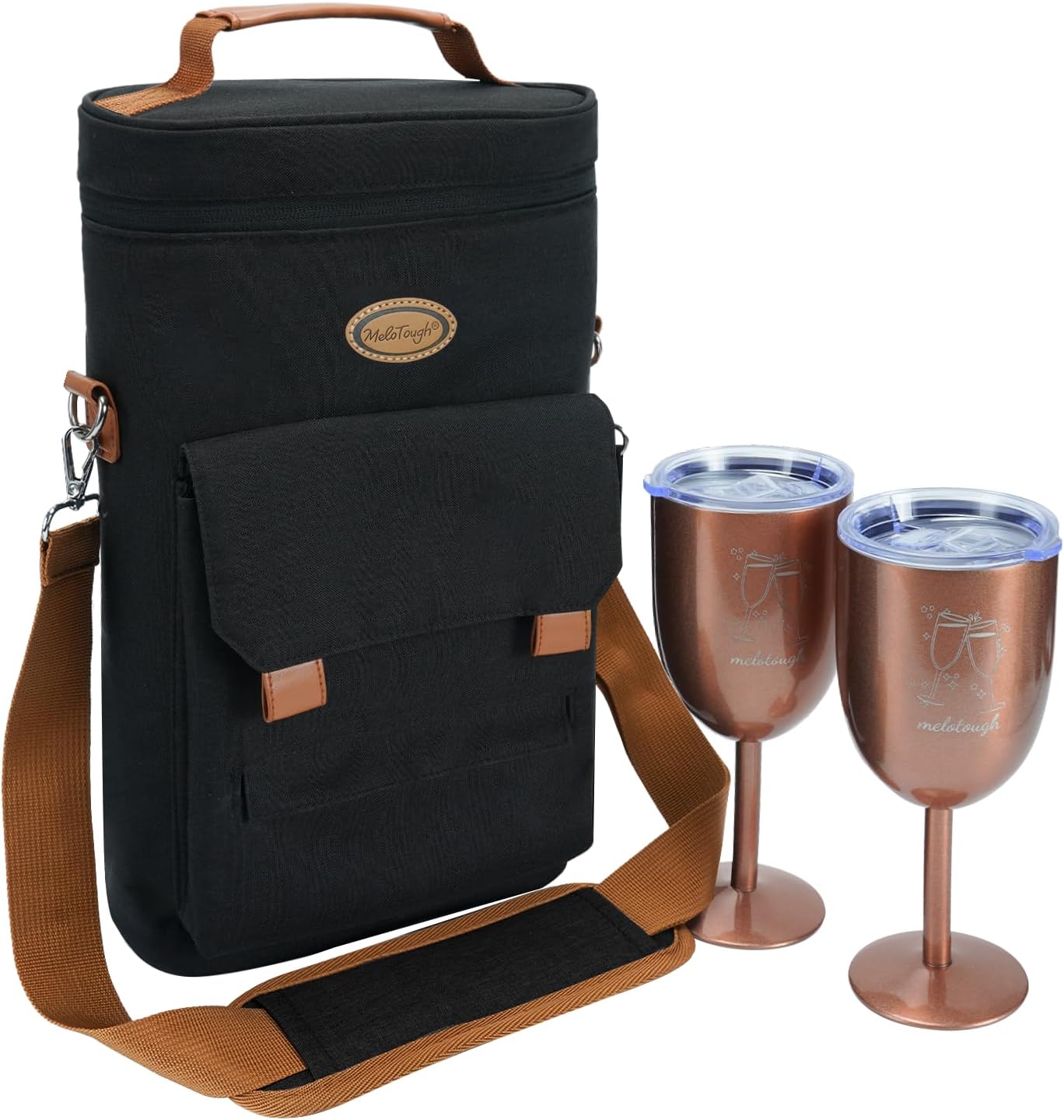 MELOTOUGH 2 Bottle Insulated Wine Cooler with 2 Stainless Steel Glasses Portable Tote Bag Gift for Wine Lovers, Black