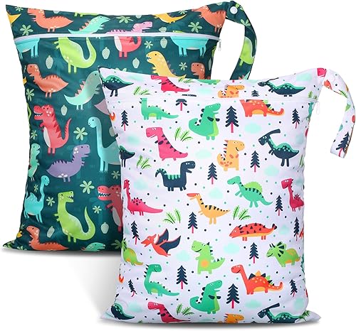 Shappy 2 bolsas grandes de viaje para lavandería, lavables, impermeables, húmedas, secas, grandes bolsas de ropa sucia para baño (estilo dinosaurio)