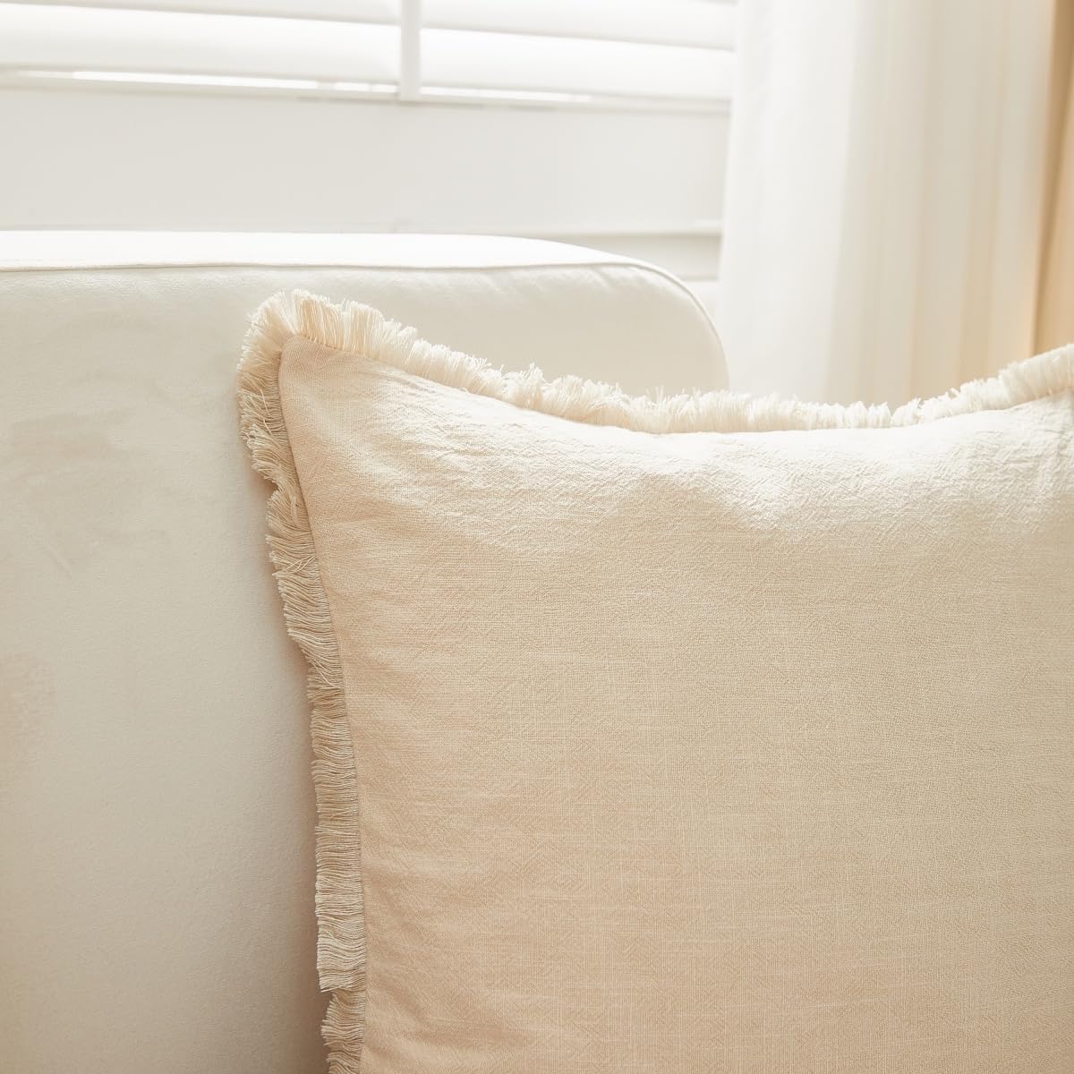 Sunday Praise Set of 2 Linen Fringe Decorative Pillow Covers 20x20 Inch Farmhouse Accent Boho Throw Pillow Cases with Tassels Cozy Soft Square Cushion Covers for Couch Sofa Bed Home Decor,Beige