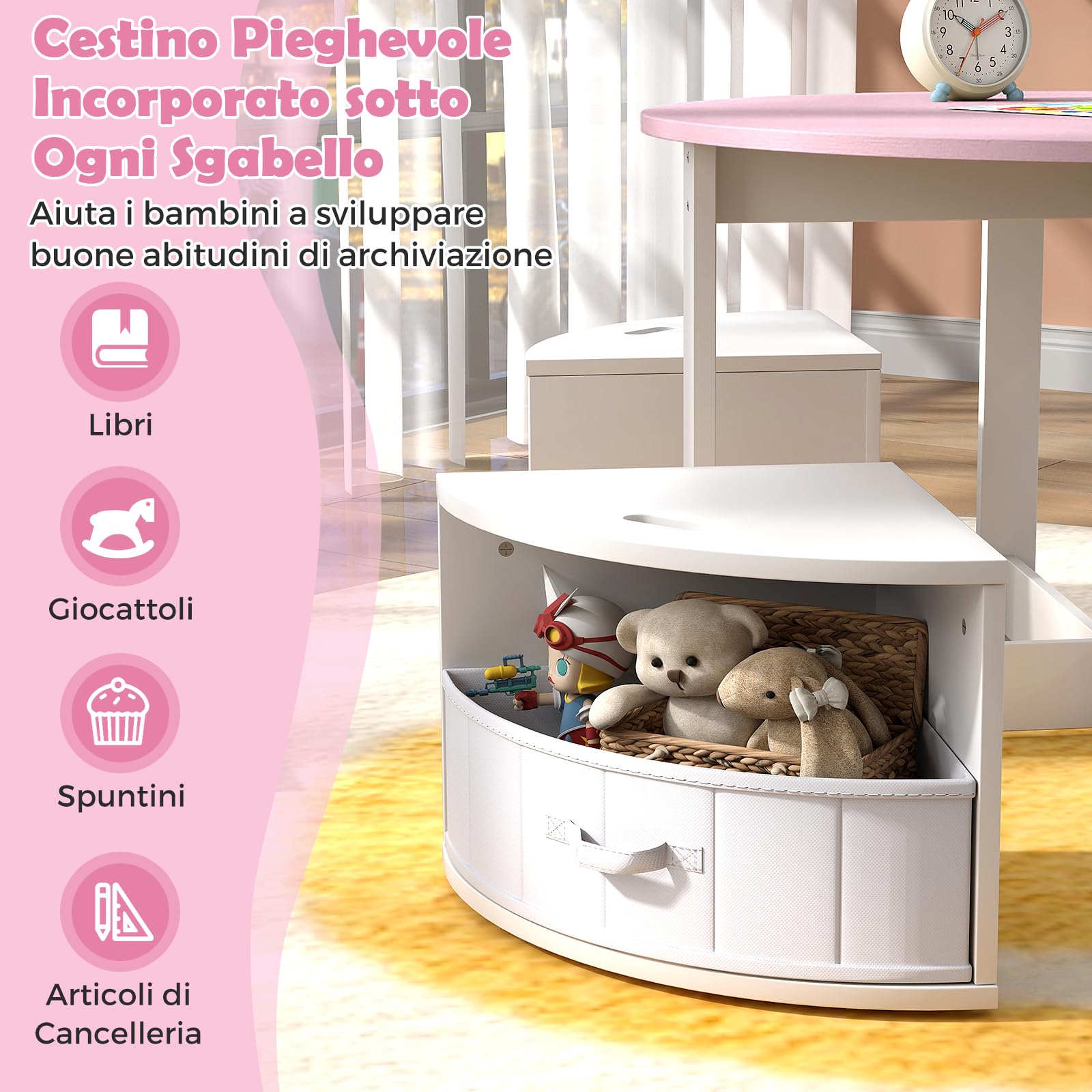 COSTWAY Set Tavolo e Sedie per Bambini a 5 Pezzi, Tavolino Rotondo Salvaspazio con 4 Sgabelli, Ripiano e 4 Cassetti in Tessuto, Set Mobili per Cameretta, Asilo e Disegnare (Rosa)