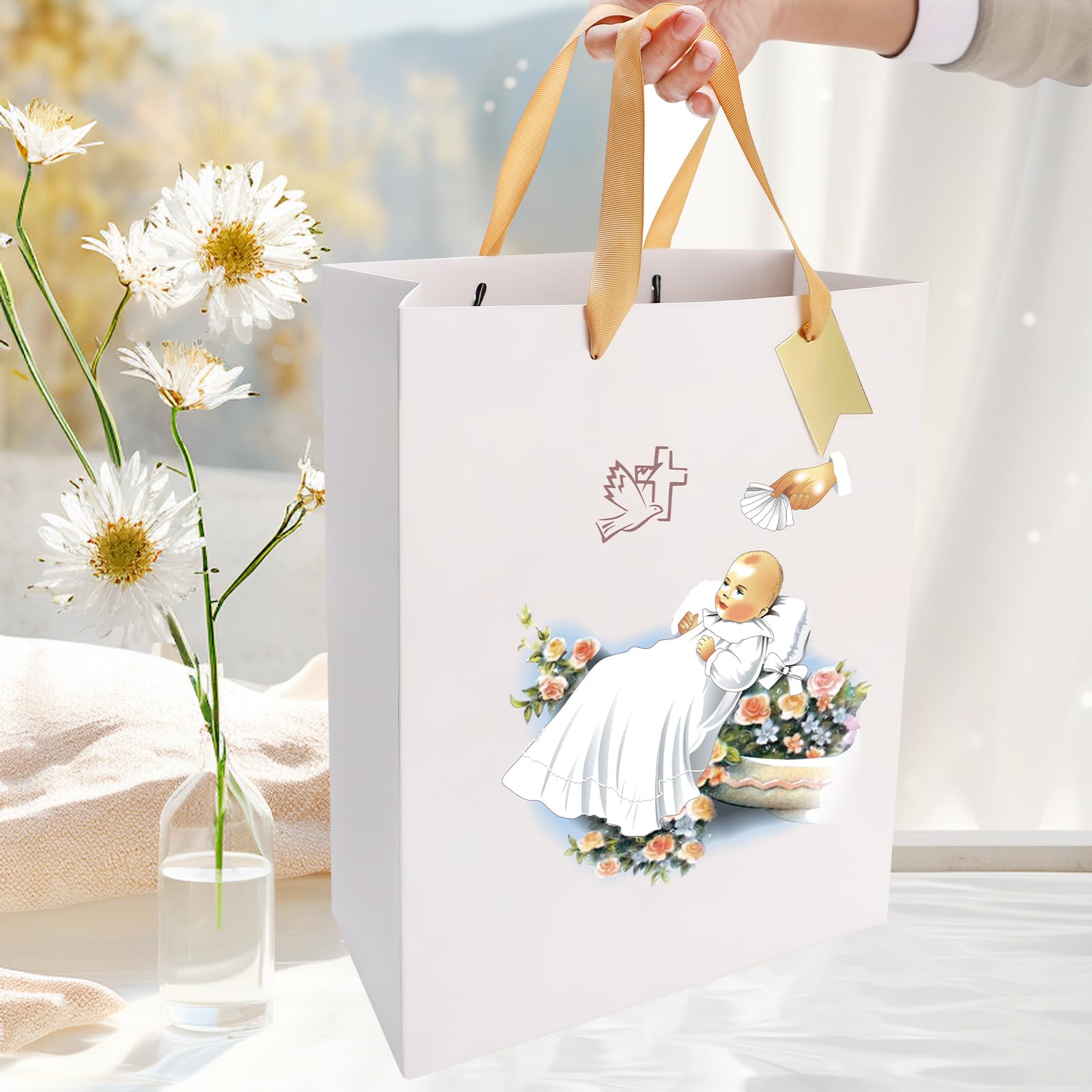 reviamz White Gift Bag Holy Spirit Design with Tissue Paper for Baby Boy and Girl Baptisms,Christenings,Baby Shower,First Communions Dedication Gifts for Religious Catholic Occasion- 10" x 5" x 13"
