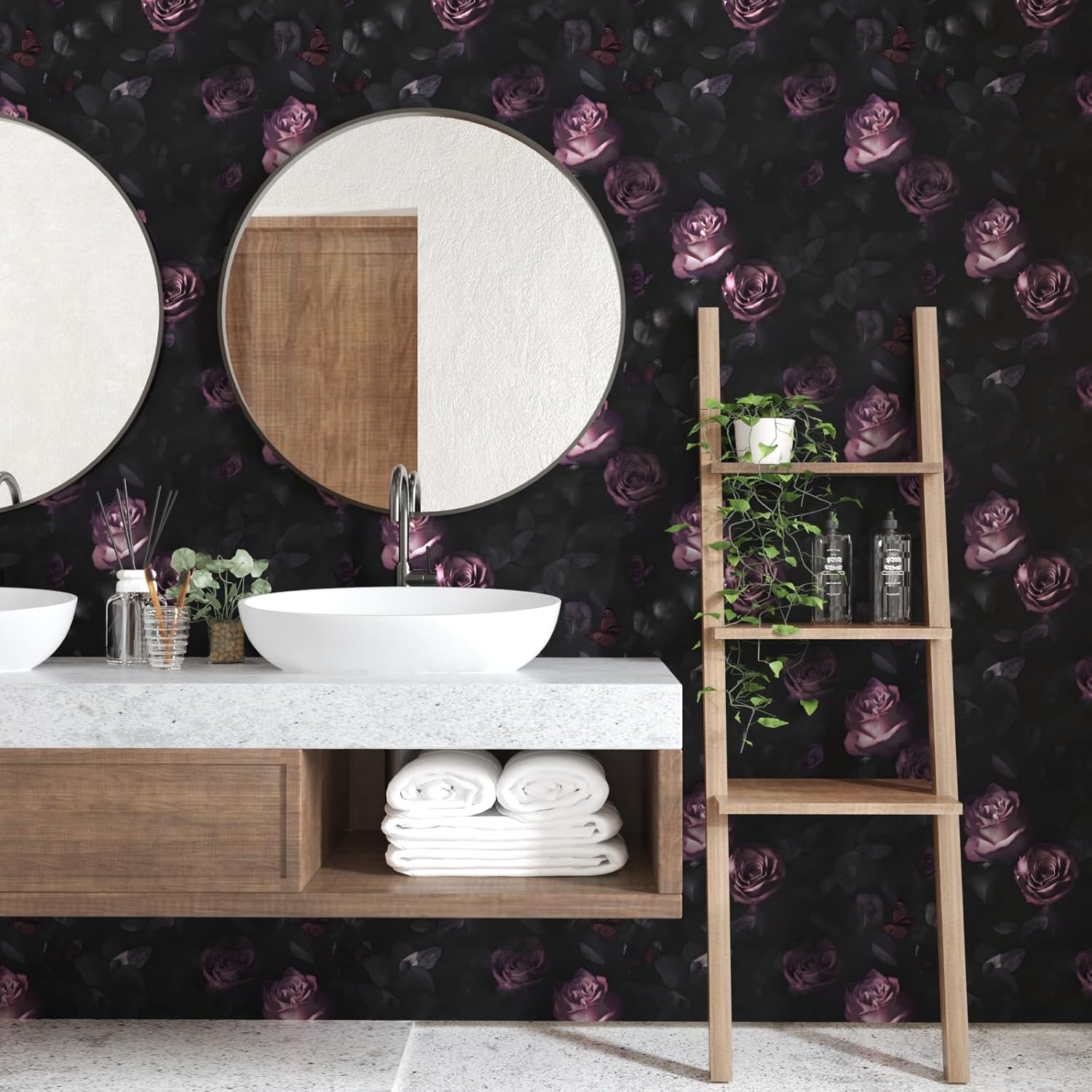 Laatse Dark Floral Wallpaper Peel and Stick, Vintage Black Contact Paper Pink Rose Flowers 17.5" x 118", Wall Paper Murals Removable Self Adhesive Waterproof for Bedroom Shelves Cabinet Drawer Table