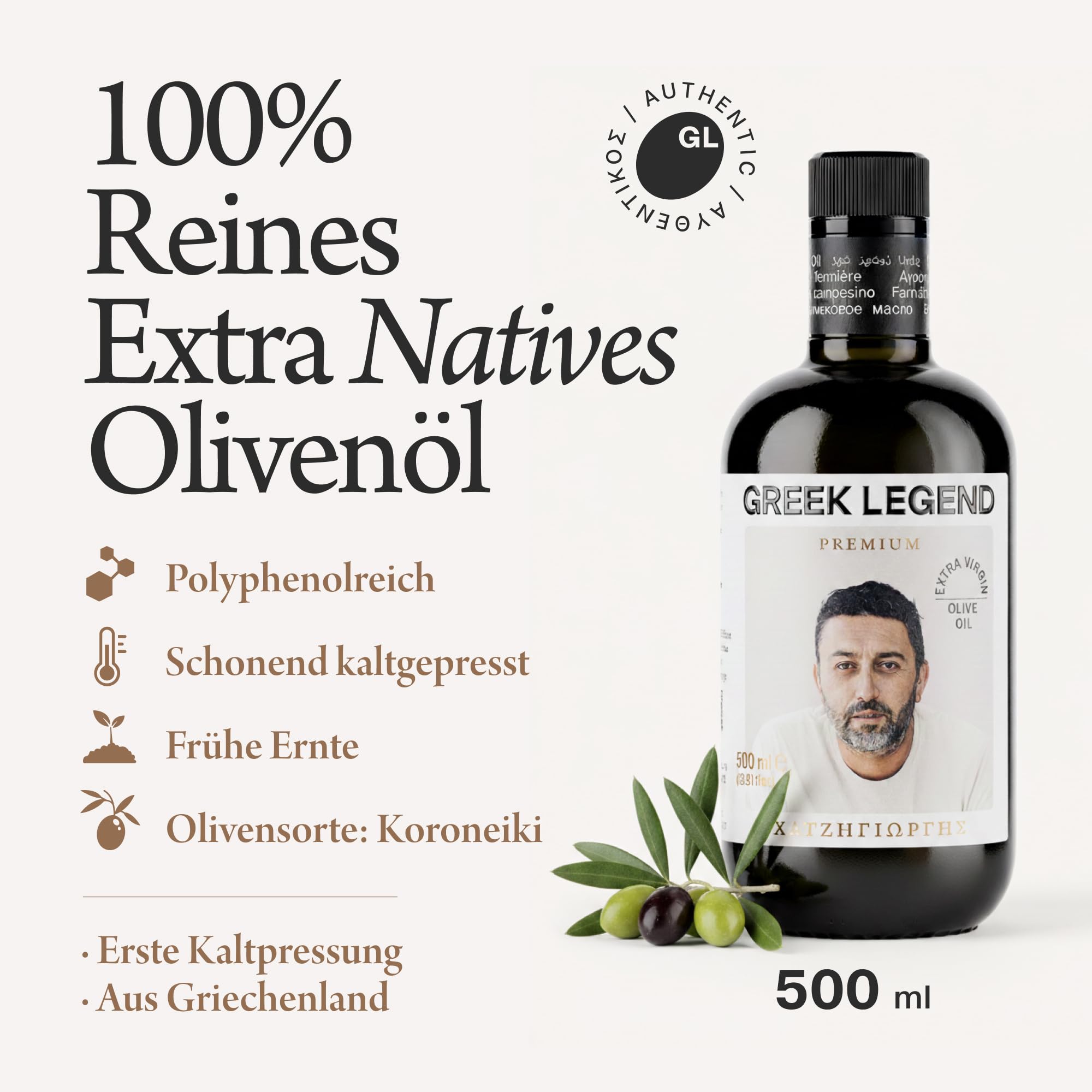 GREEK LEGEND Premium Olivenöl Extra Nativ aus Kreta - Olive Oil Extra Virgin - Griechisches Olivenöl, 100% Kaltgepresst, Ungefiltert, Reich an Polyphenolen, 500 ml Glasflasche