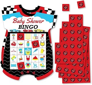 Big Dot of Happiness Let’s Go Racing - Racecar - Picture Bingo Cards and Markers - Race Car Baby Shower Shaped Bingo Game - Set of 18