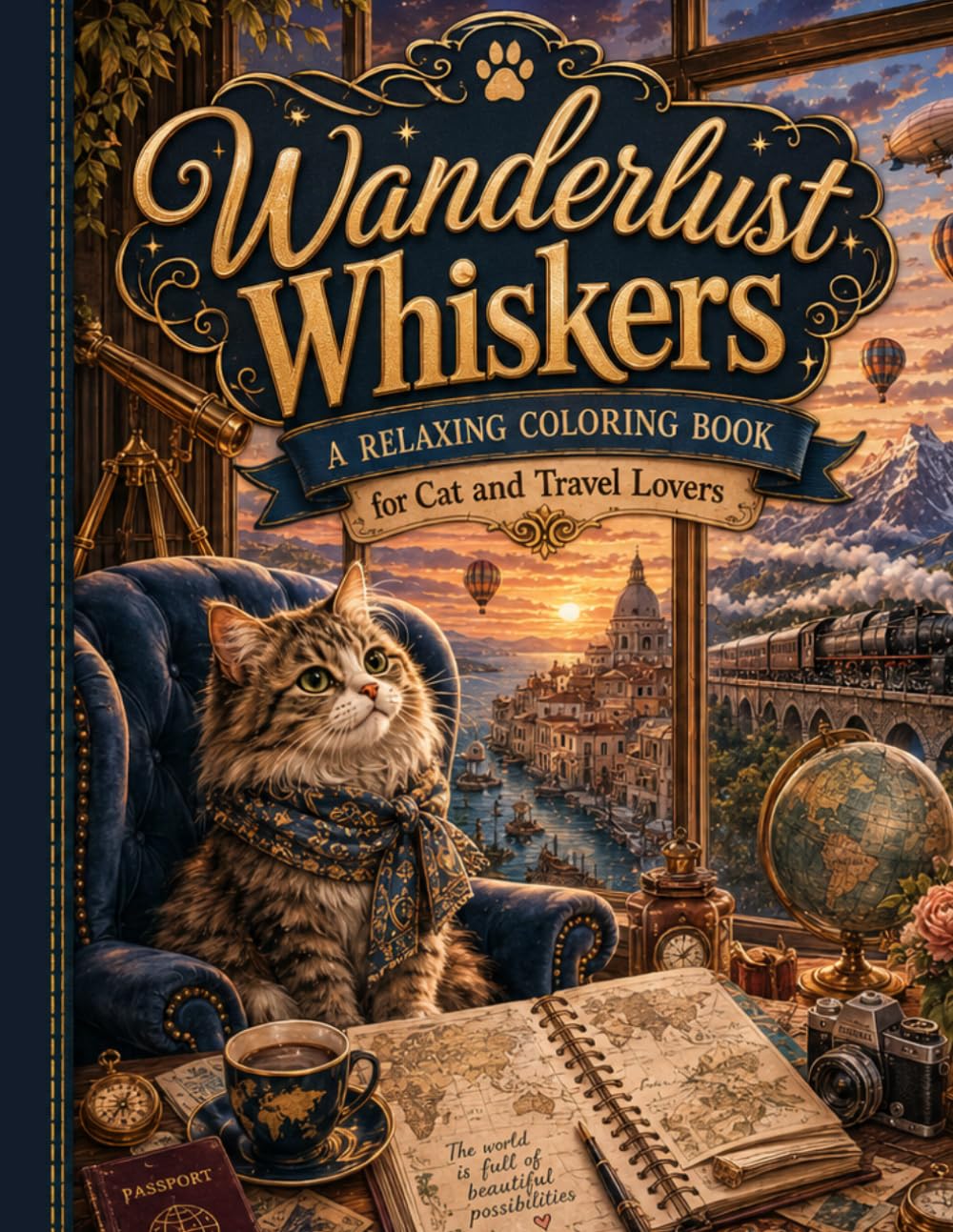 Wanderlust Whiskers: A Relaxing Coloring Book for Cat and Travel Lovers
