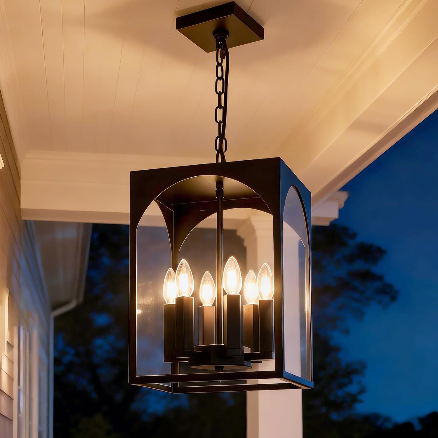 Large 6-Light Black Outdoor Pendant Light, Anti-Rust Waterproof Porch Lighting with Adjustable Chain & E12 Socket, Farmhouse Exterior Hanging Lantern Tempered Glass for Entryway Foyer Patio