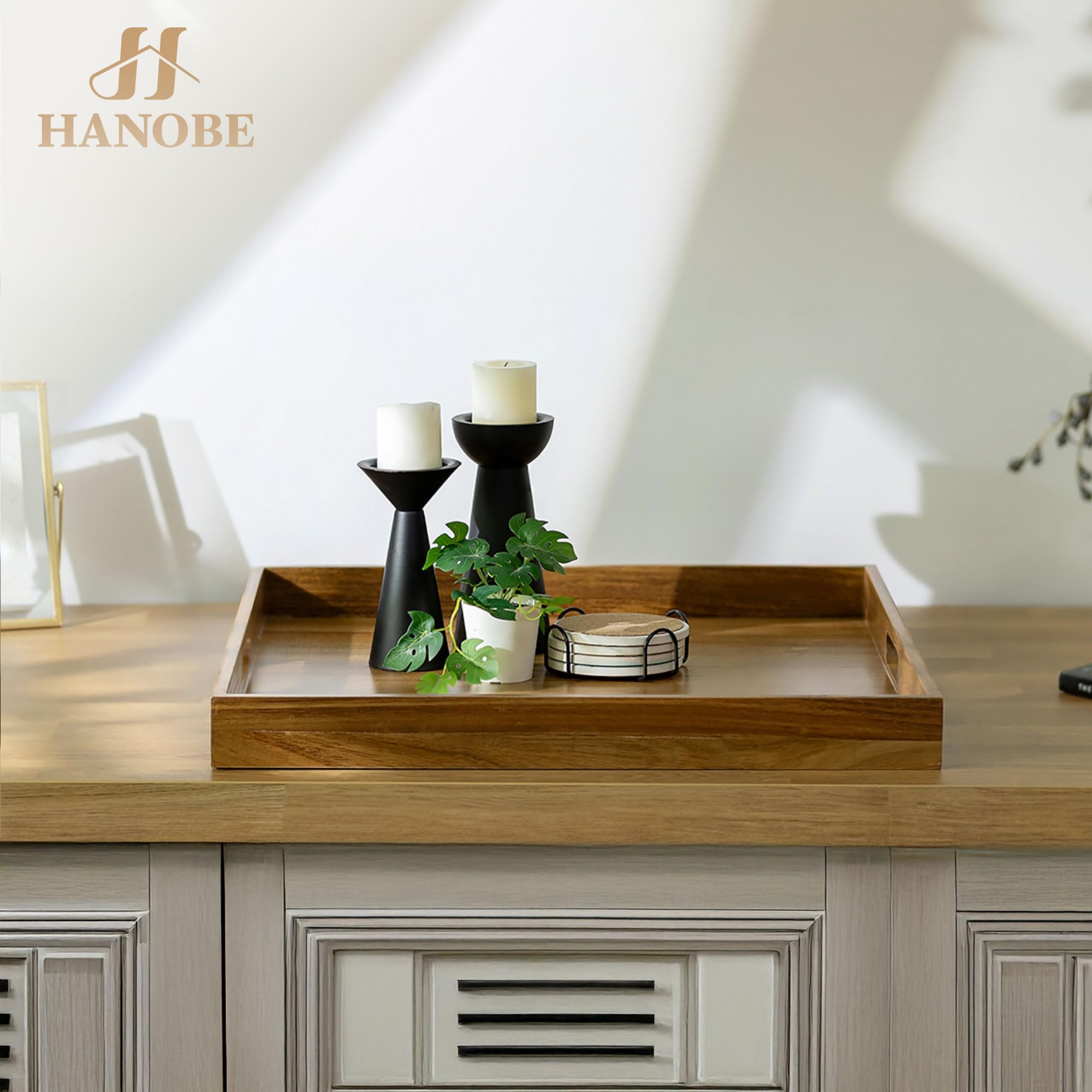 Hanobe Vassoio da portata sopra ottomano grande: vassoio decorativo quadrato in legno XXL da 50 cm con manici per tavolino da caffè, decorazione rustica per soggiorno