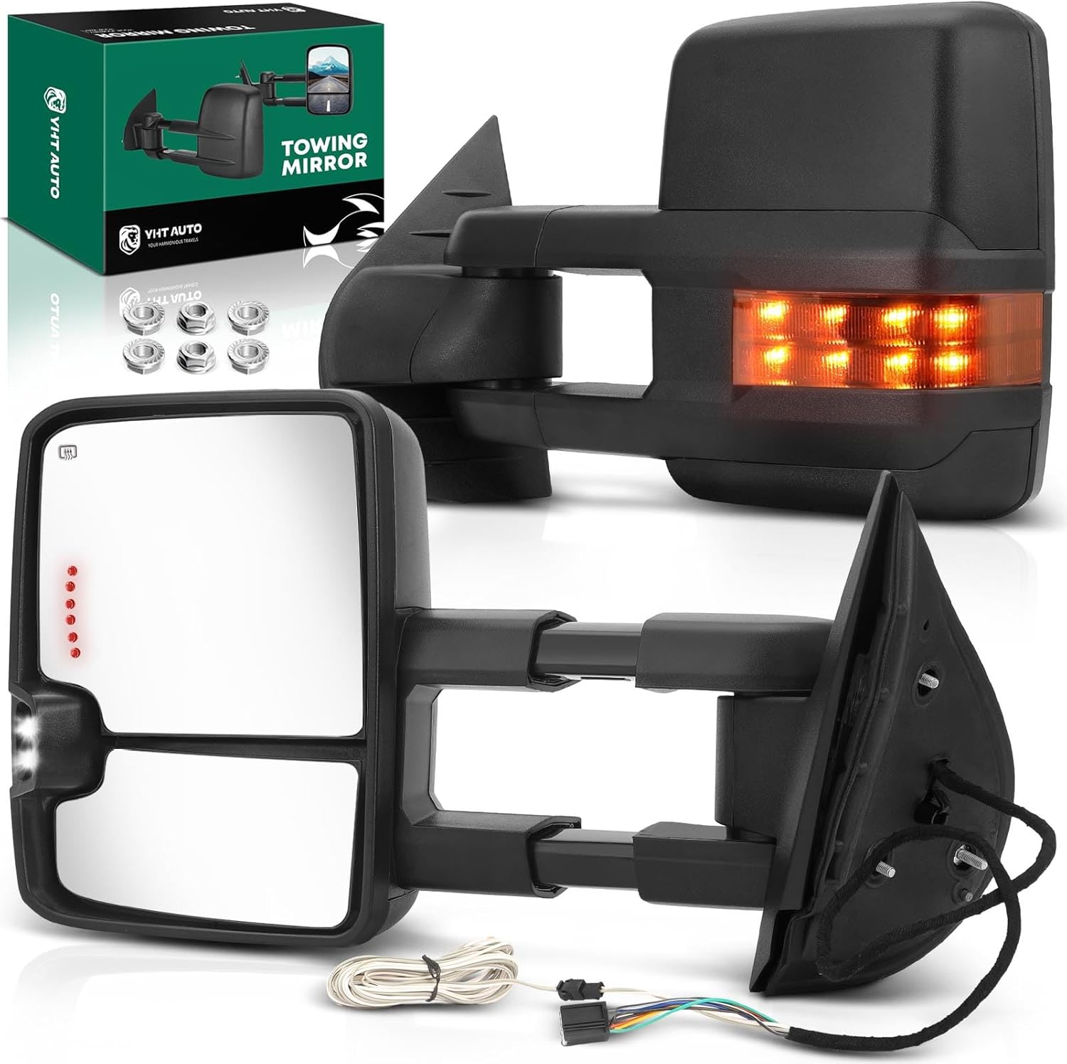 YHTAUTO Power Car Towing Mirrors for 07-14 Silverado Sierra, Tahoe, Yukon, Suburban, Avalanche, Power Adjusted Heated, Arrow & Turn Signal & Led Backup Light, Telescoping Hitch Driver Passenger Side