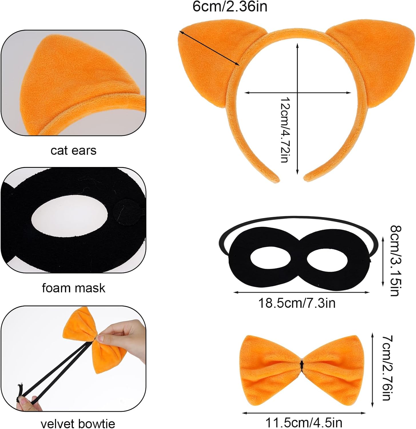 4pcs Orange Cat Costume Accessories Including Ears Headband Mask Adjustable Bow Tie Tail for Women - Image 2