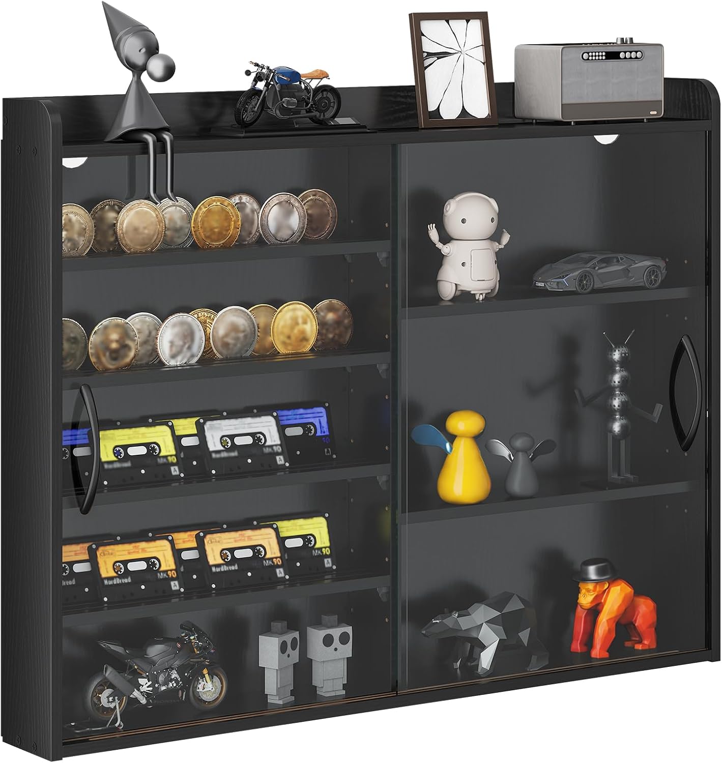Wall Mount Display Case, Glass Collectible Case | Tempered Glass Door, Left 5 Adjustable and Reversible Shelves (Flat/Grooved) , Right 3 Fixed Shelves, Metal Handles, Black