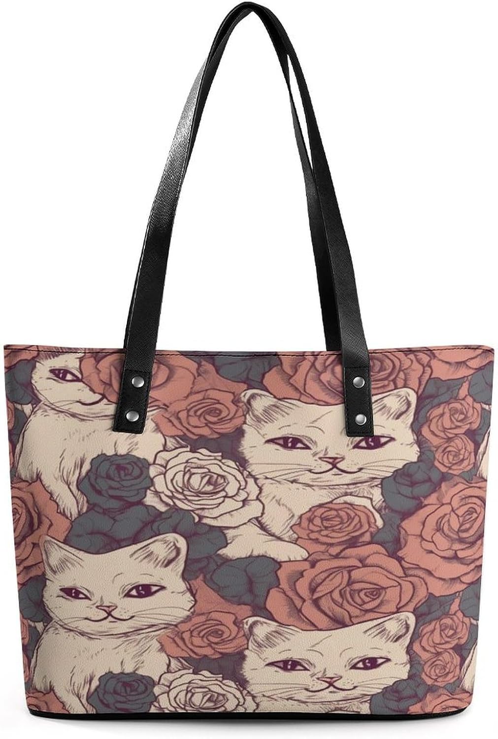 Rose Cat Tote Bag with Reinforced Bottom & Handles,Gym Bag Durable And Tip-proof,Weekender Bag to Top Zipper Closure,Daily Essentials