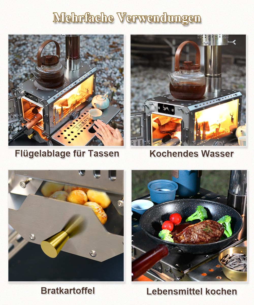 TOMOUNT Zeltofen Tragbar Edelstahl Campingherde Holzofen mit Schornstein, Holzkocher für Zelte, Unterkünfte und Camping