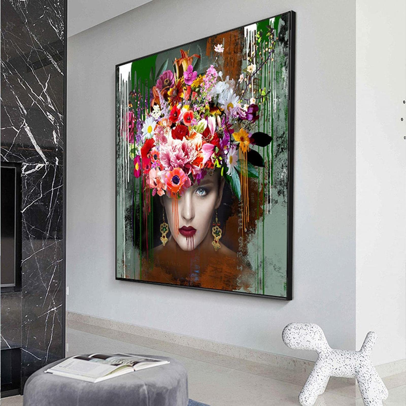 TITINGLUCK Blumen Wandkunst Mädchen Kopf Leinwand Abstract Poster und Drucke Frau Portrait Gemälde Images für Wohnzimmer Decor 35 x 35 Inches with Frame Home & Kitchen
