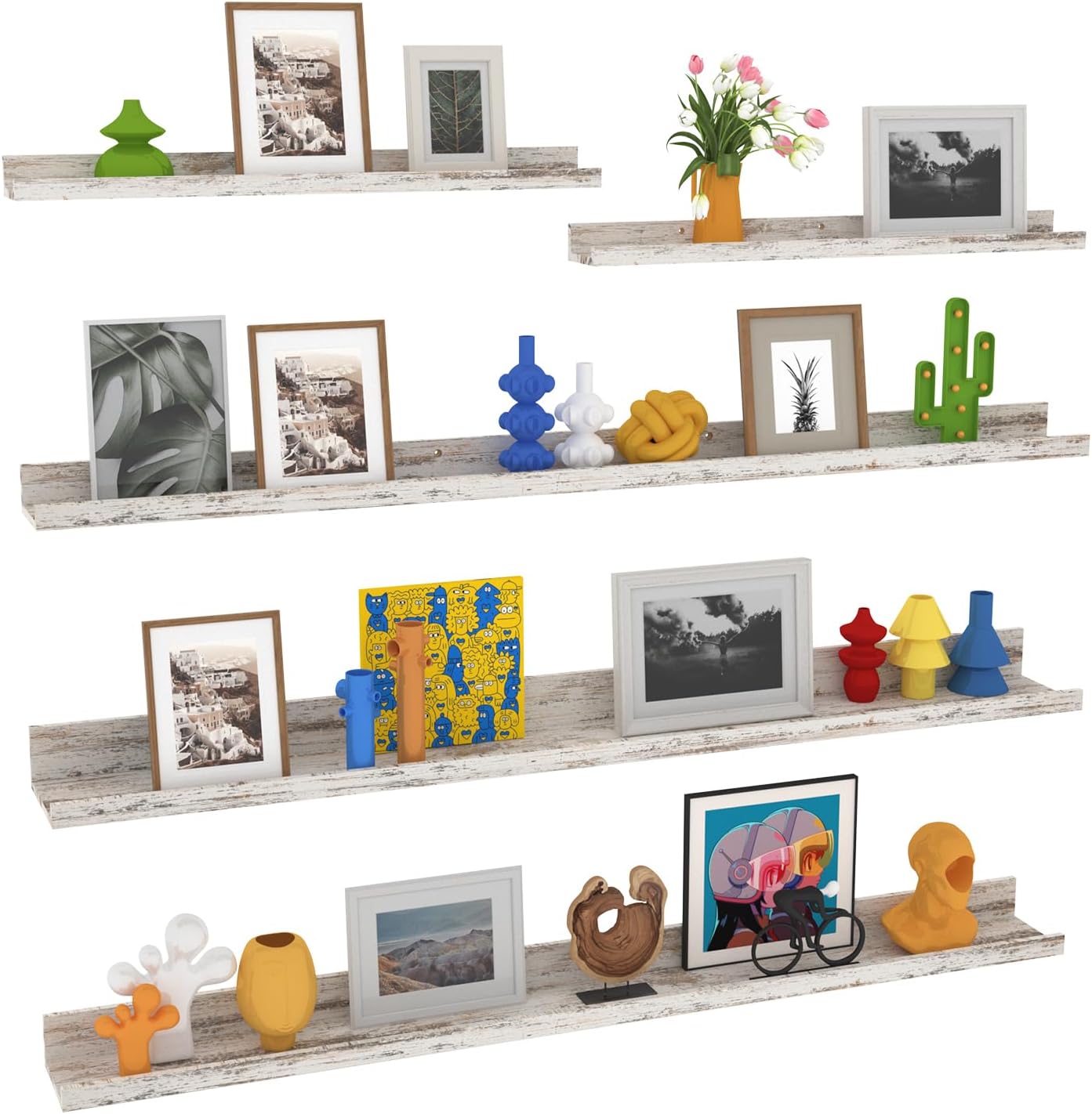 Lyeasw Rustic White Floating Shelves for Wall 47 Inch Long, Set of 5 Tiered-Depth Wall Shelves, Picture Ledge Shelf for Living Room, Bedroom，Kitchen, Office, Bathroom, Nursery