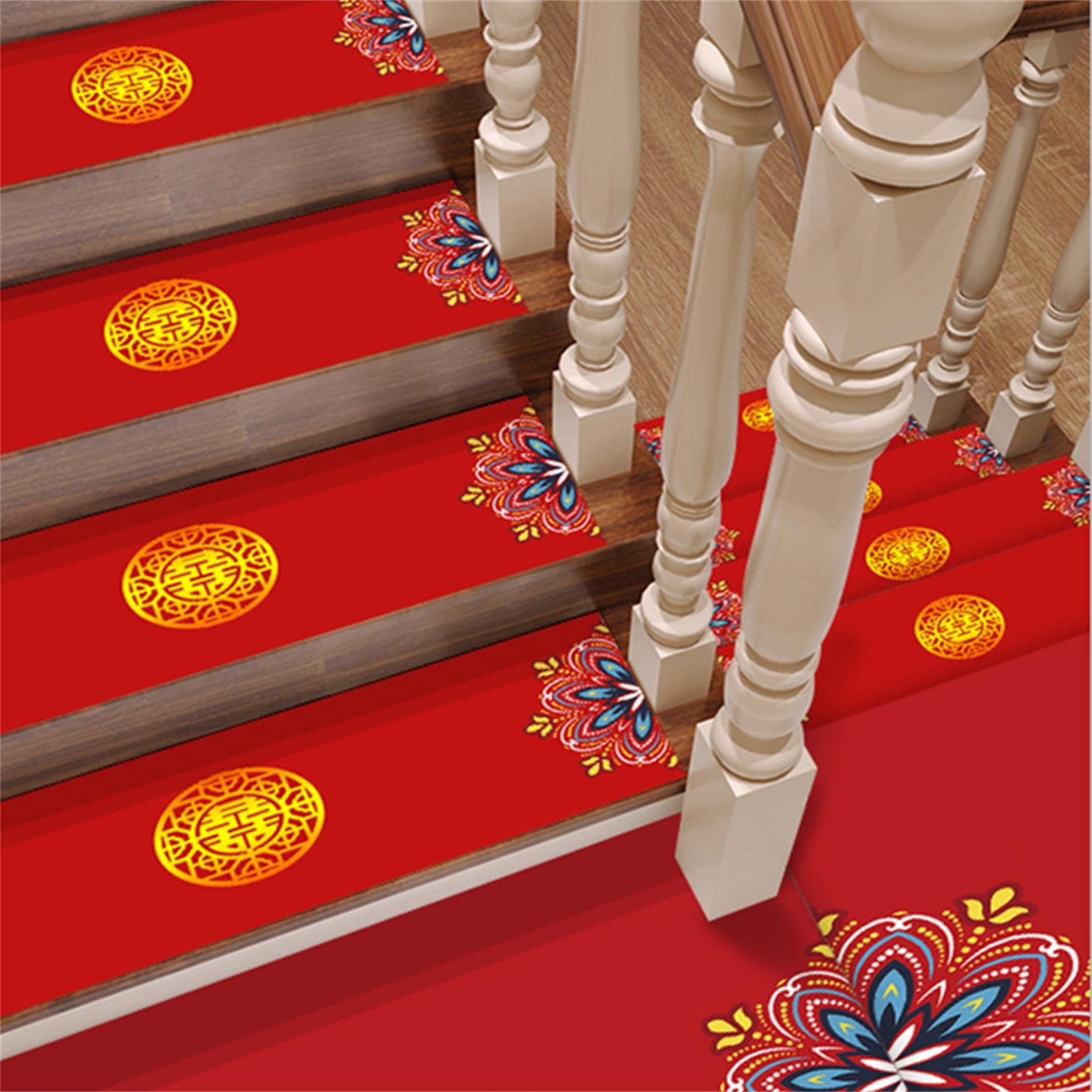 10 Stück Treppenstufenmatten, Chinesische Doppeltes Glück rutschfeste Stufenmatten, Home Stair Klebefrei Selbstklebende PVC Leder Rechteckige Treppenstufenmatte,C,26 * 75cm