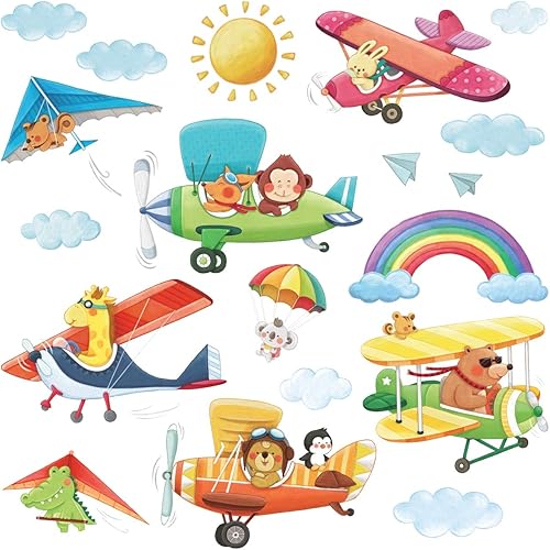 DECOWALL DS-8026 - Calcomanías de pared para niños, diseño de aviones de animales, calcomanías de pared extraíbles para niños, guardería,