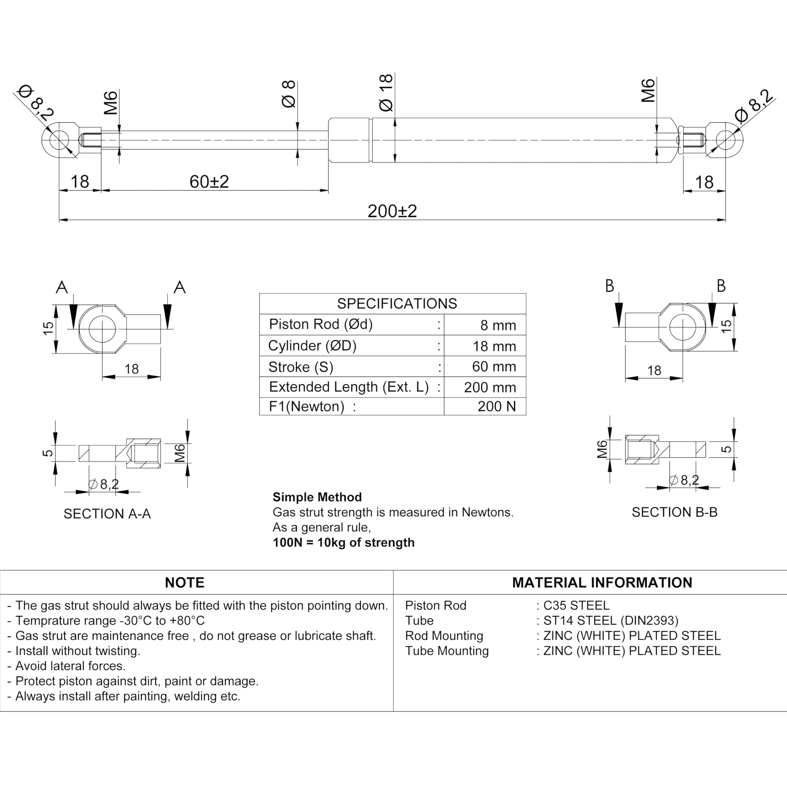 Universal Gas Struts Spring Eyelet | 100-1000 Newton | Length Options 200 mm to 900 mm | Heavy-Duty | Lift Support System (200MM, 200 N) - 3
