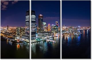 Jersey City Skyline at Night Wall Art Canvas Prints US City Skylines Pictures Painting Canvas Paintings City Landscape Panorama Ready to Hang for Home Decorations Wall Decor - 60"Wx40"H