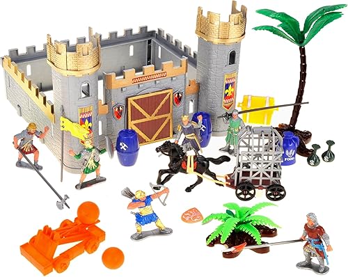 PowerTRC Figuras de acción del Reino de la era romana con ejércitos de juguete, caballeros, caballo, castillo, cofres del tesoro, catapulta y