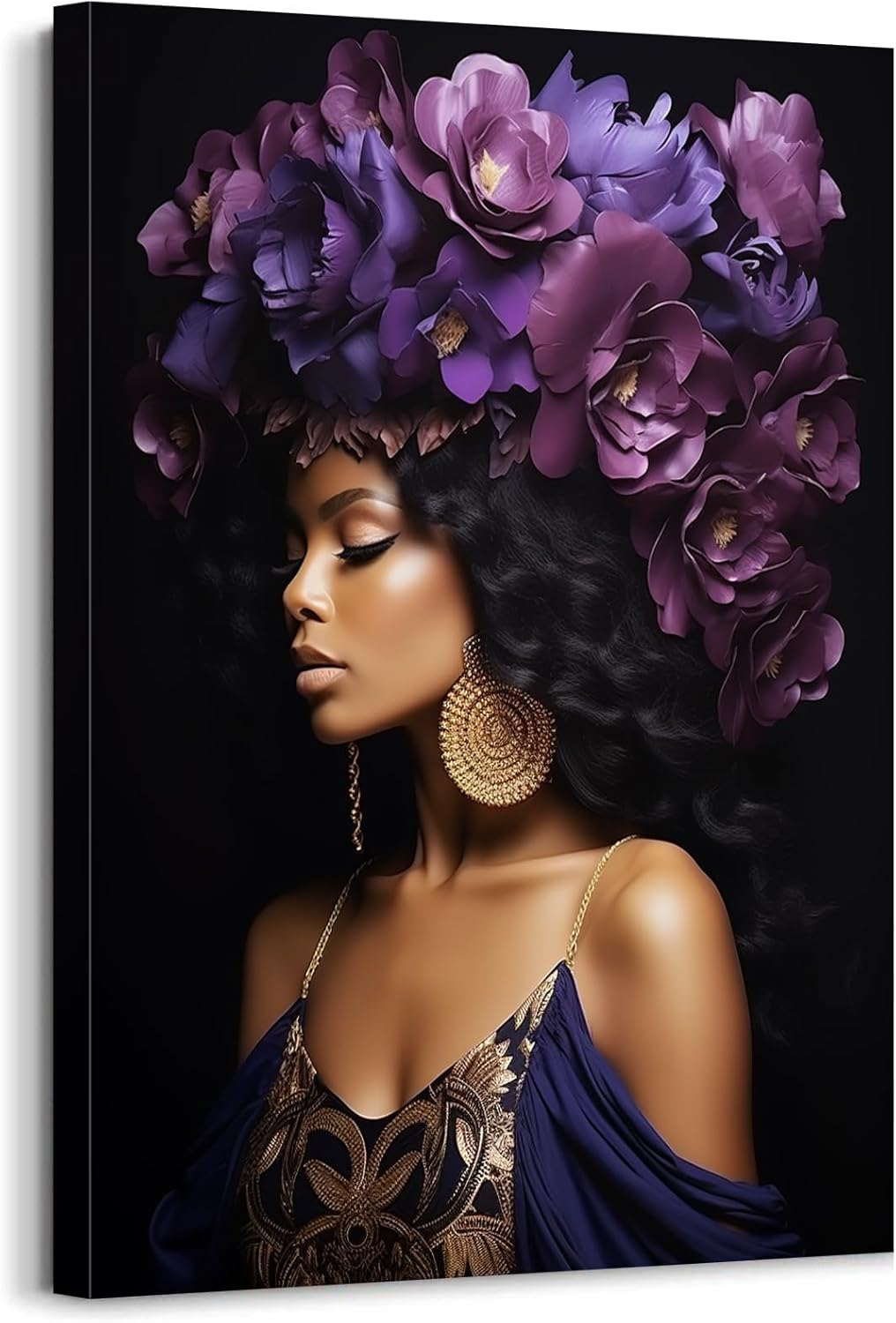 African American Wall Art Bloom Flower on Black Women Head Canvas Print Painting Modern Abstract Girl Picture Portrait Artwork for Bedroom Living Room Decor Framed