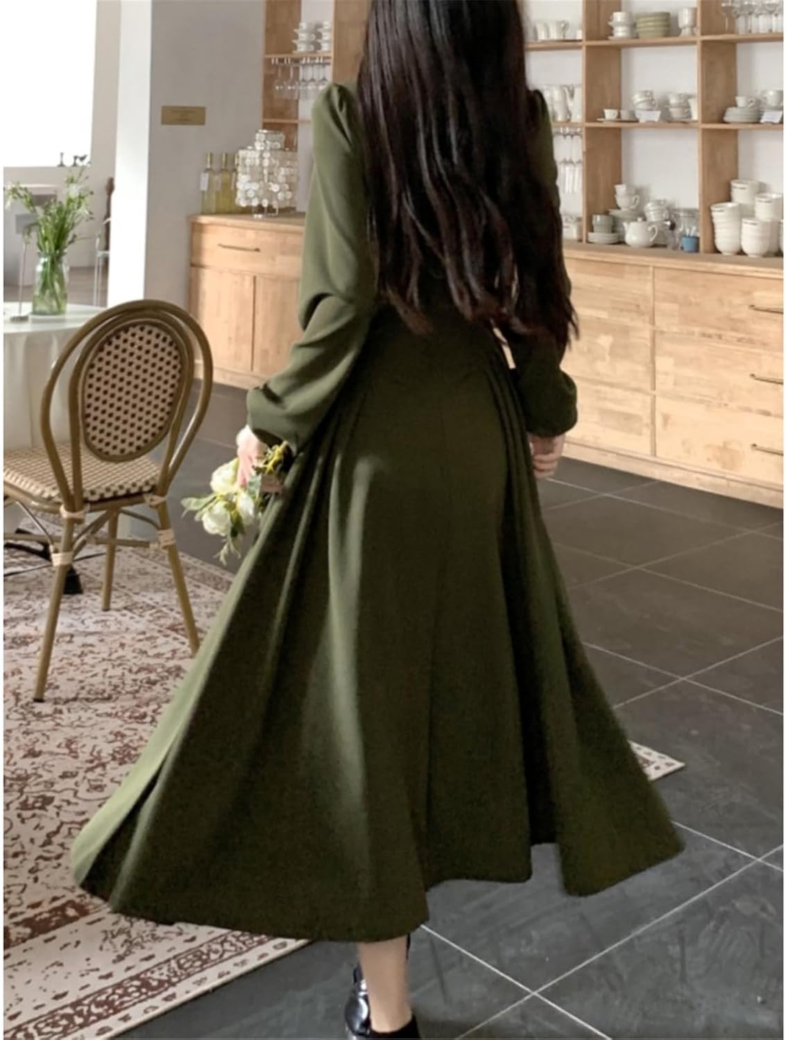 Autumn Vintage Casual A-Line Midi Party Dresses Women Solid Color Evening Club Long Dress Female Robe