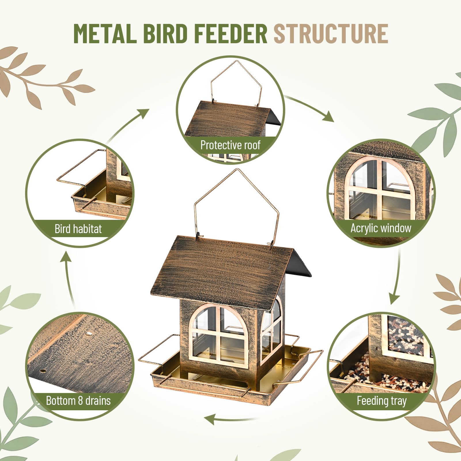 Bird Feeders Outdoor Hanging, Large Capacity Metal Wild Bird Feeder with Drainage Holes, Mangeoire Oiseaux Exterieur, Easy to Clean, Refill, Bronze Anti-Rust Decor for Garden - 5