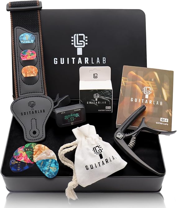 Guitar Accessories Kit by Guitar Lab Fathers Day, Premium Metal Tin - Guitar Strap, Capo, Tuner, Picks for Acoustic, Bass, Electric Guitars, Ideal Guitar Gifts for Men, Beginners and Pros