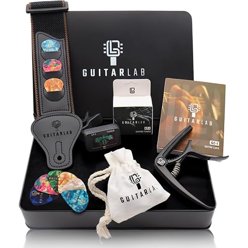 Guitar Accessories Kit by Guitar Lab – Fathers Day, Premium Metal Tin - Guitar Strap, Capo, Tuner, Picks for Acoustic, Bass, Electric Guitars, Ideal Guitar Gifts for Men, Beginners and Pros