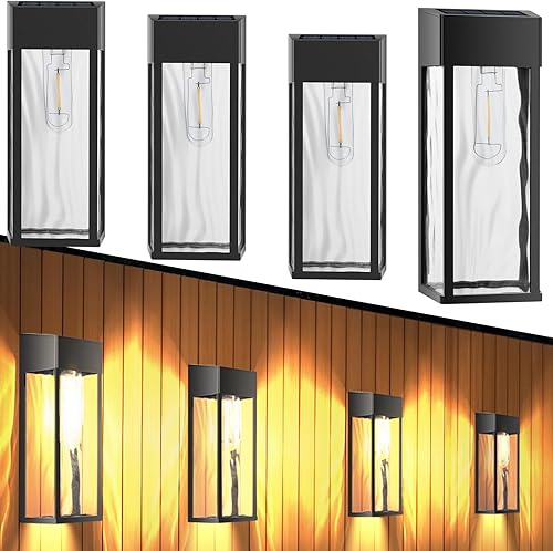 Luces solares para valla al aire libre, paquete de 4 luces solares impermeables para pared de cubierta con lámpara de tungsteno, iluminación