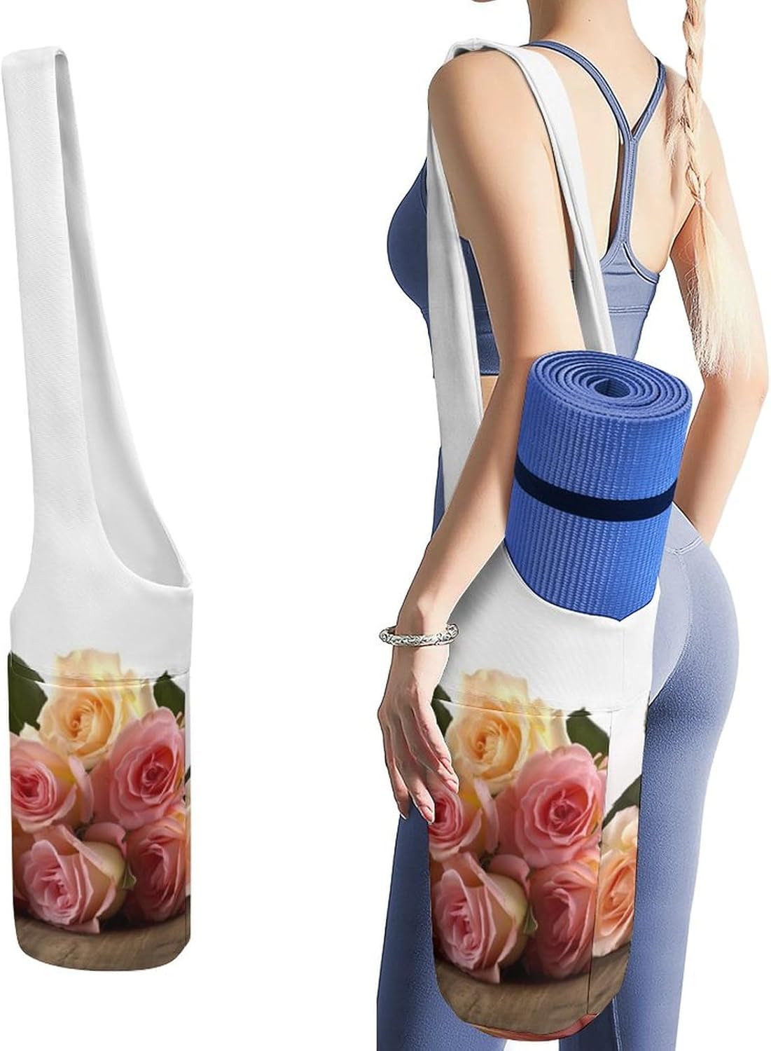 Canvas Yoga Bag,Roses Flower Printed Yoga Mat Handbag,Portable Yoga Mat Bag Large Capacity Gym Bag for Men Women Pilates Beach Travel