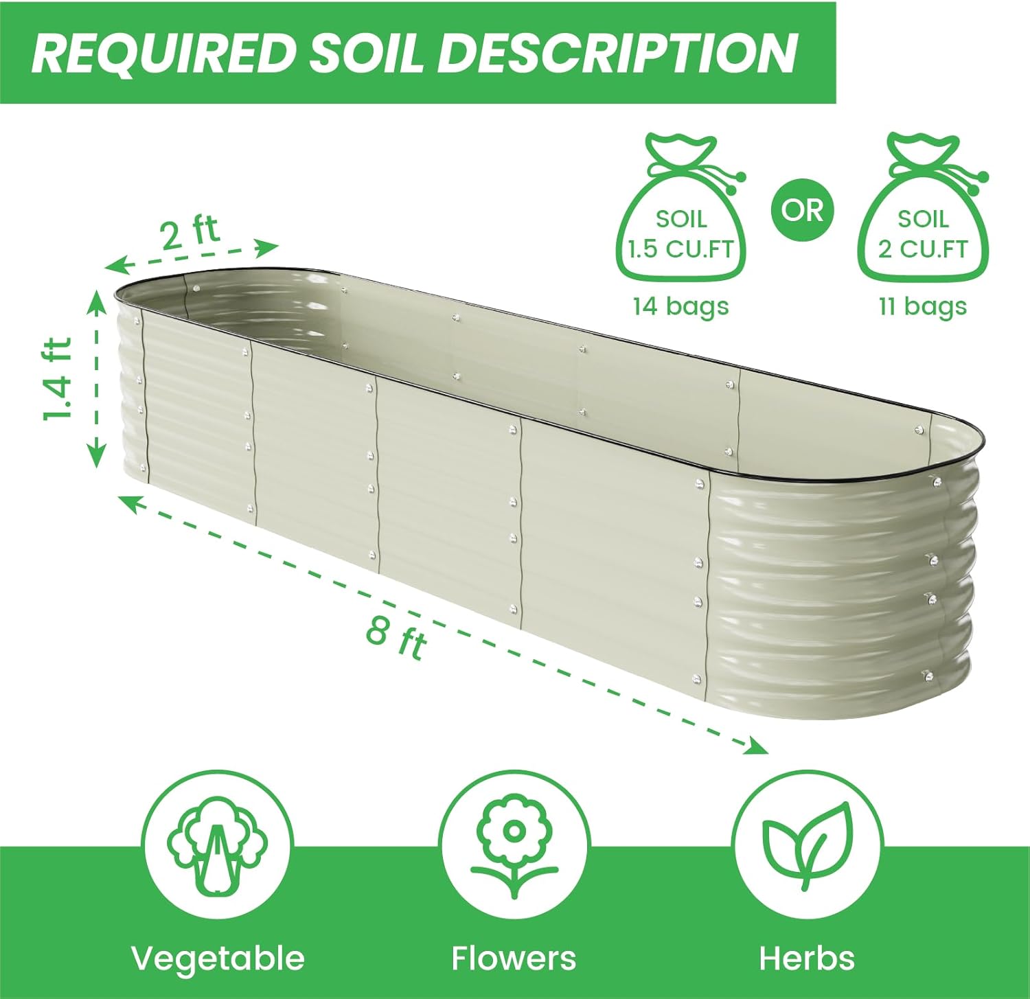 Raised Garden Bed Kit 8 x 2 x 1.4 ft, 9-in-1 Modular Metal Raised Garden Bed Outdoor, Powder-Coated Galvanized Planter Box for Vegetables, Herbs and Flowers (Cream White)