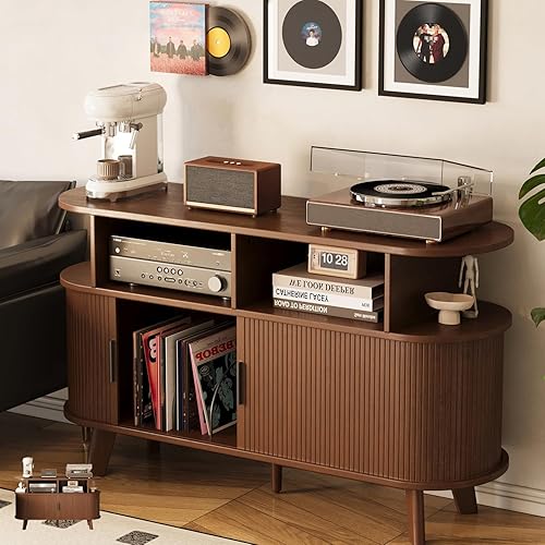 Record Player Stand, Midcentury Modern Furniture Turntable Stand with Sliding Doors, Audio-Video Shelving Cabinet, Fluted Media Stand and TV Stand for Living Room, Bedroom (Walnut) (Large)