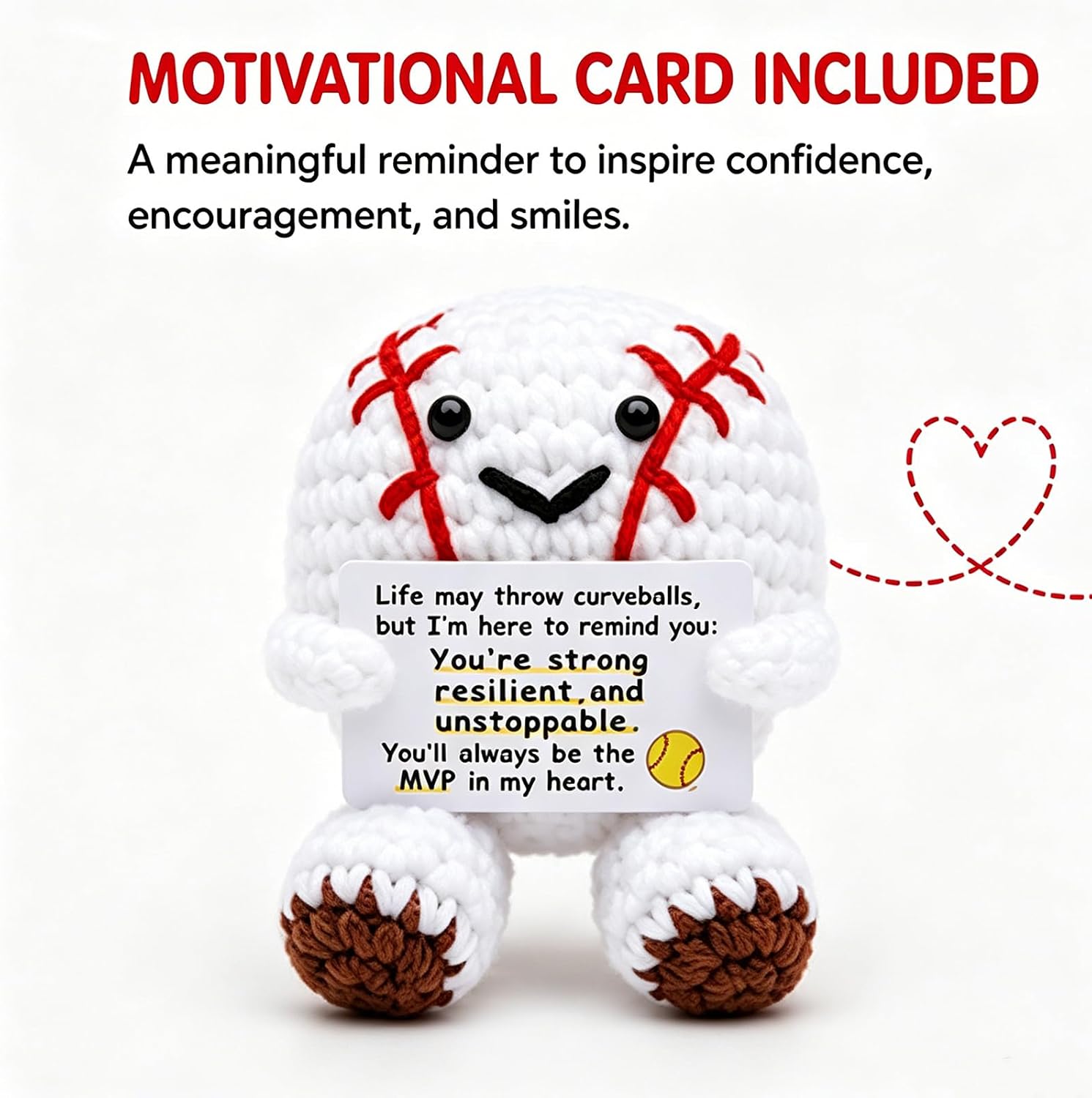 Crochet Baseball Curveball Figurine – Strong Resilient Unstoppable Keepsake with MVP Quote Card – Handmade White Desk Decor Collectible for Encouragement & Support Gift