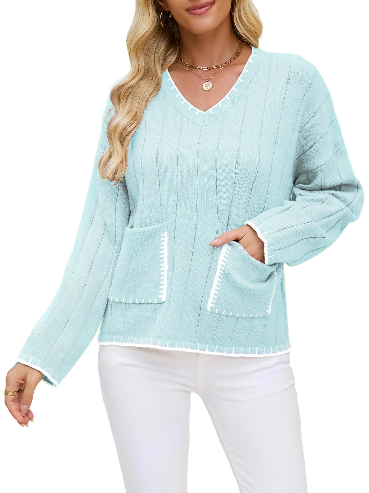 Quatrefox Pullover Damen Strickpullover Winter Warm Strickwaren V-Ausschnitt Herbst Winterpullover Langarm Farbblock Pulli Casual Lose Grobstrickpullover Elegant Oberteile mit Tasche