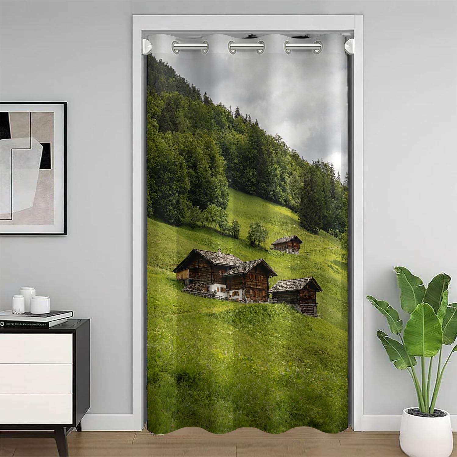 Rideau occultant paysage de campagne suisse pour une décoration de salon nature