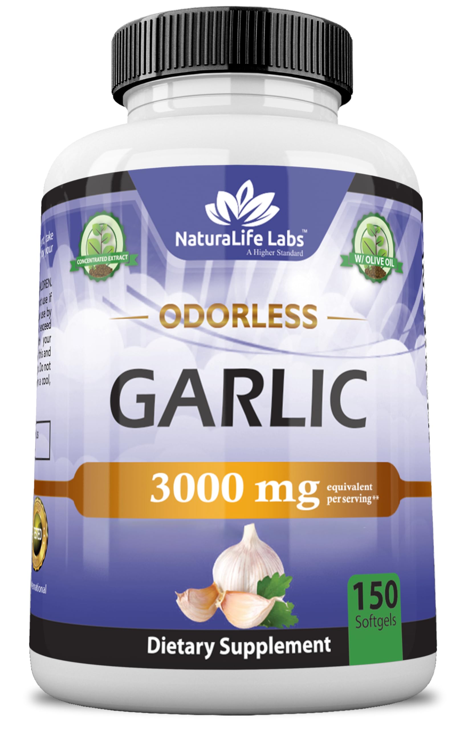 NaturaLife Labs Odorless Garlic – 3,000 mg Equivalent per Serving – 150 Softgels – Concentrated Garlic Bulb Extract with Organic Extra Virgin Olive Oil – Non-GMO, Gluten-Free