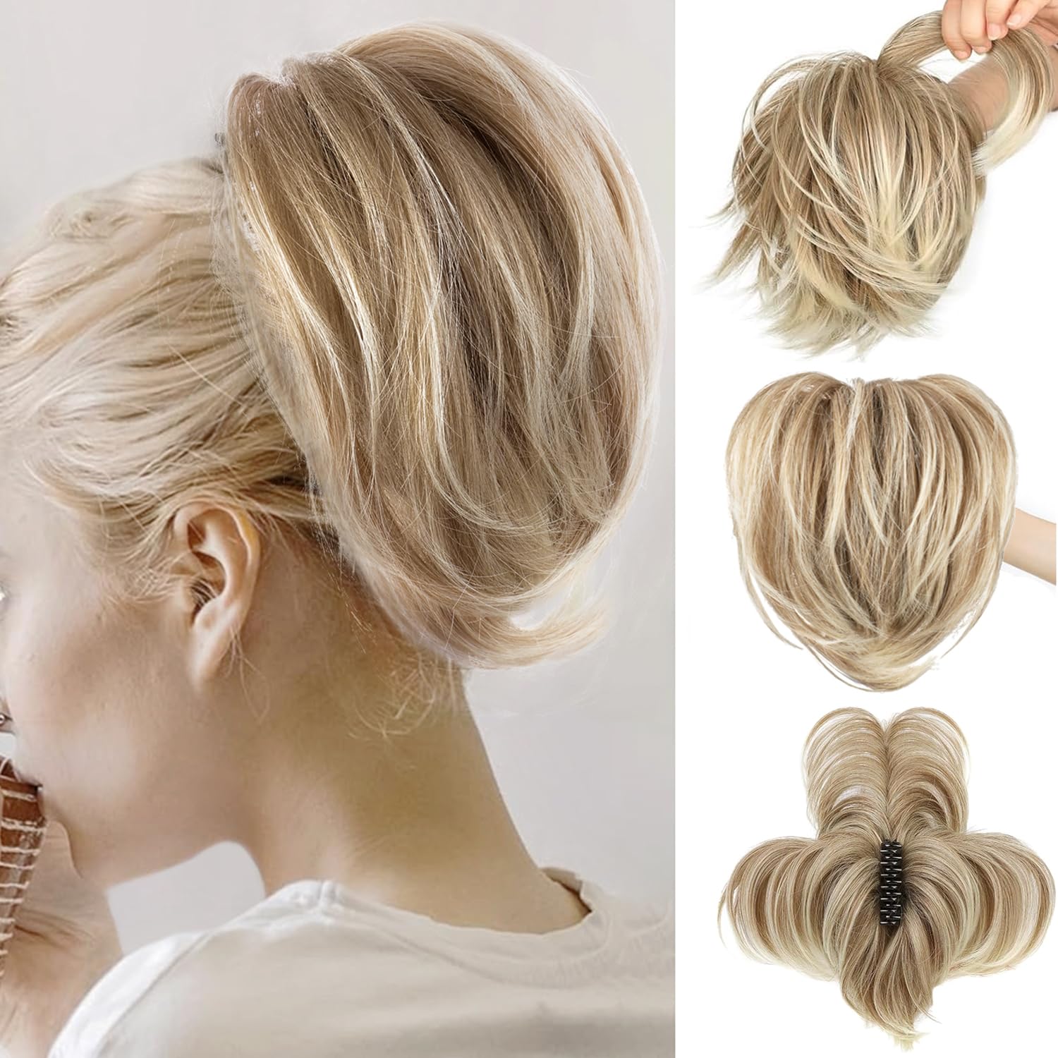 PORSMEER Messy Bun Hair Piece,Claw Clip in Short Straight Ponytail Extension with Bendable Metals Hairpieces for Women DIY Style Natural Looking Synthetic Fake Pony-Deep Blonde with Highlights,8inch