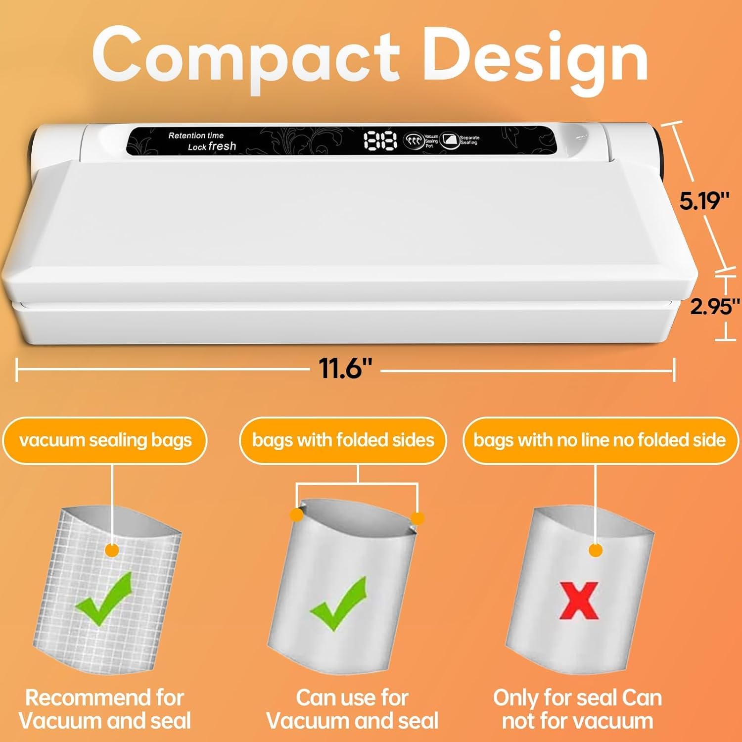 Food Vacuum Sealer Machine, 75KPA Compact Vacuum Sealer for Food, LED Indicator Light, Dry/Wet Modes, with 20 Vacuum Bags