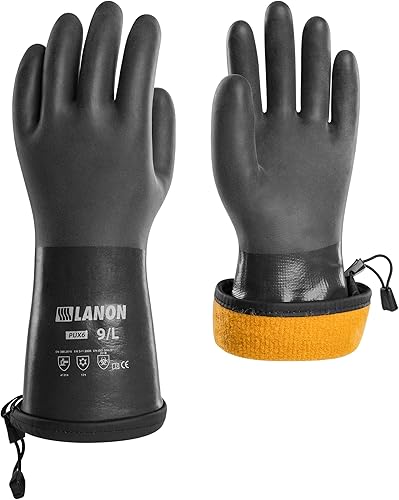 LANON - Guantes de trabajo de invierno impermeables, con revestimiento de poliuretano permeable a la humedad, guantes cálidos para congelador y