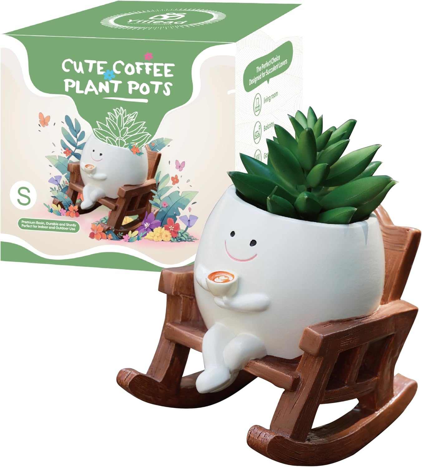 Smiley Face Planter Pot, Cute Coffee Plant Pots for Indoor Outdoor,Unique Rocking Chair Plant Pot for Succulents Plants Live with Drainage Hole,Gift IdeaI for Mother and Appreciation Christmas (Small)