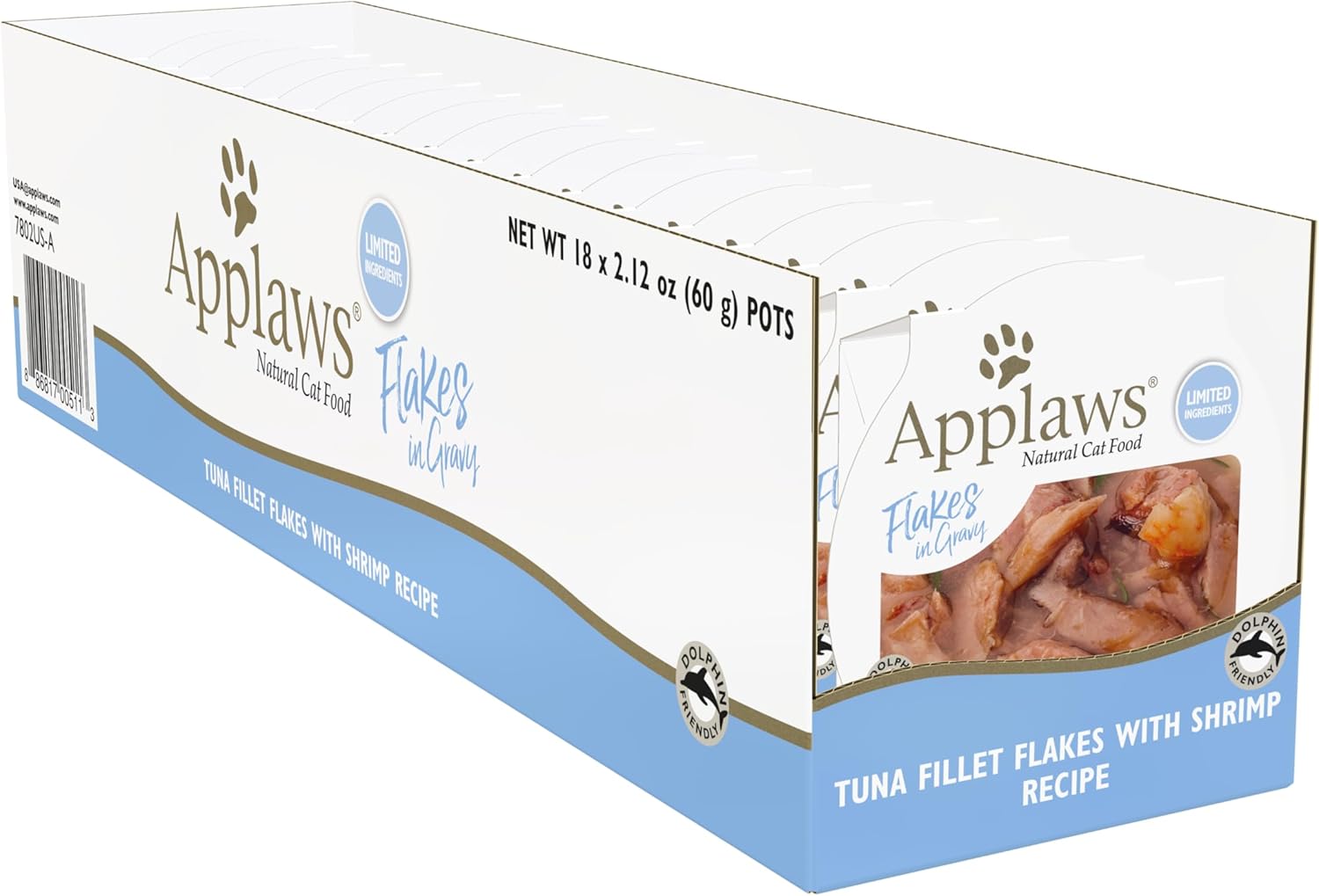 Applaws Natural Wet Cat Food, 18 Count, Limited Ingredient Cat Food Pots, Tuna Fillet with Shrimp in Broth, 2.12oz Pots